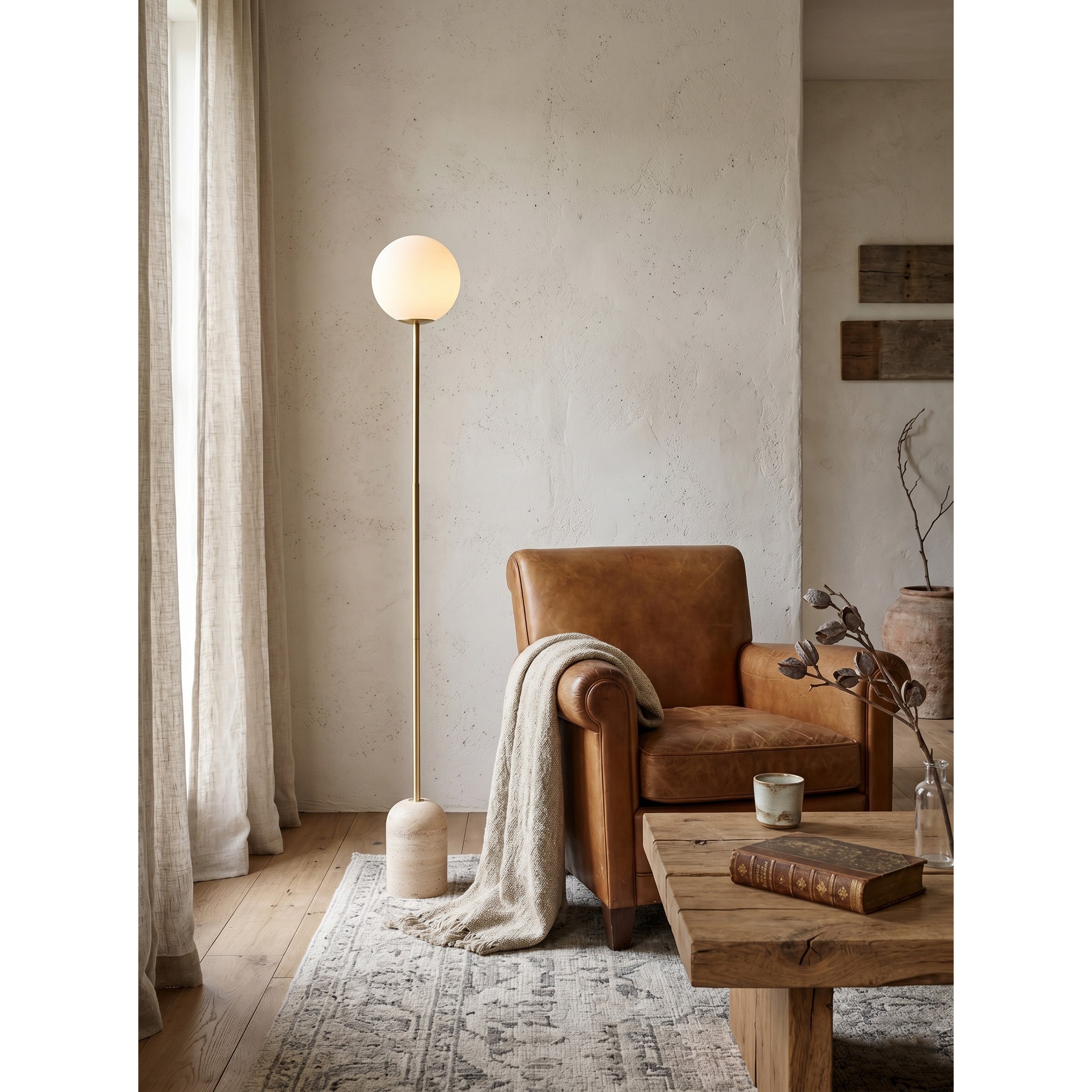 Side profile of the Aseneth Travertine Floor Lamp.