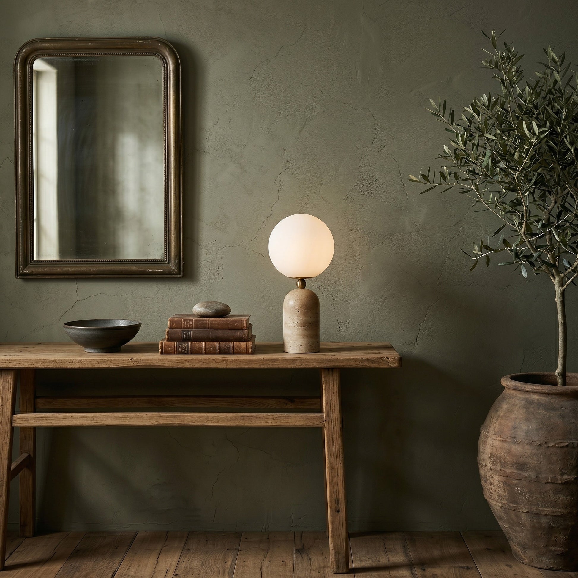 The lamp styled on a living room end table.