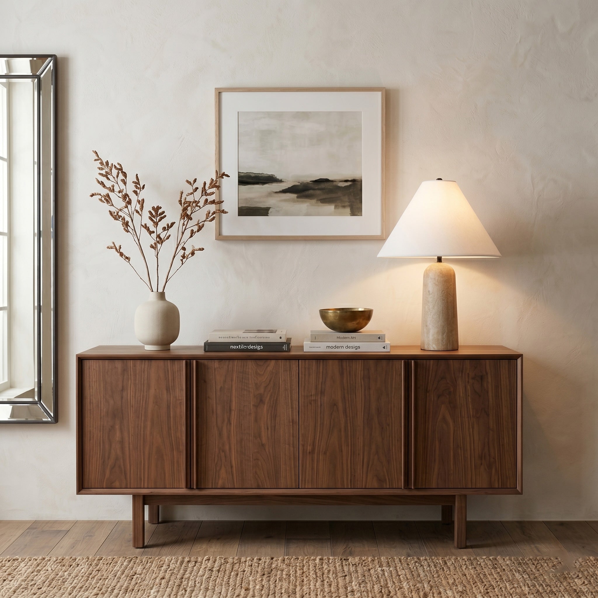 Angled view of the Astere Travertine Table Lamp, highlighting its architectural form.
