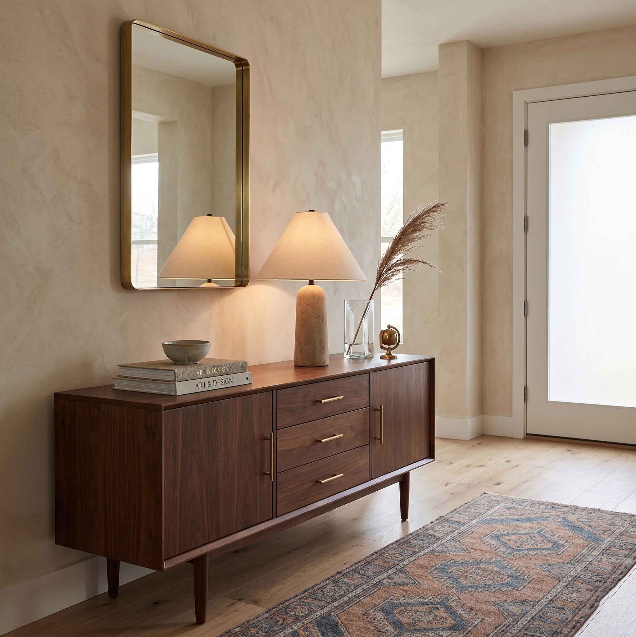 The lamp casting a warm, downward ambient glow in a dimly lit room.
