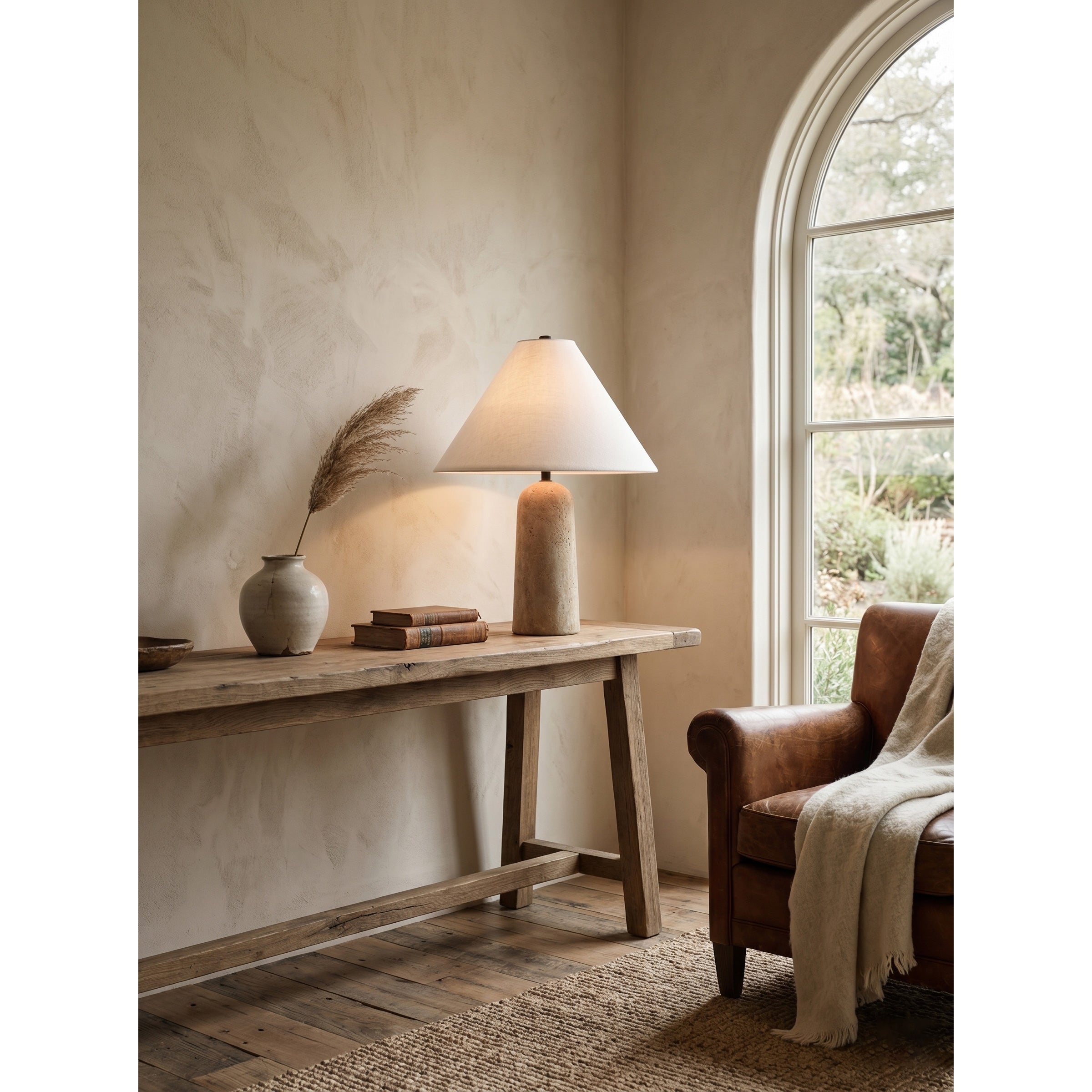 Astere Table Lamp on a bedroom nightstand, complementing a Japandi-style decor.