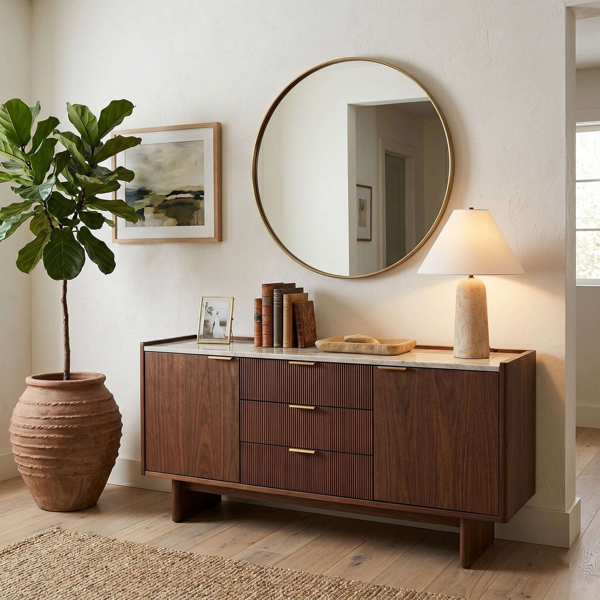 Astere Travertine Table Lamp displayed on an entryway console table.