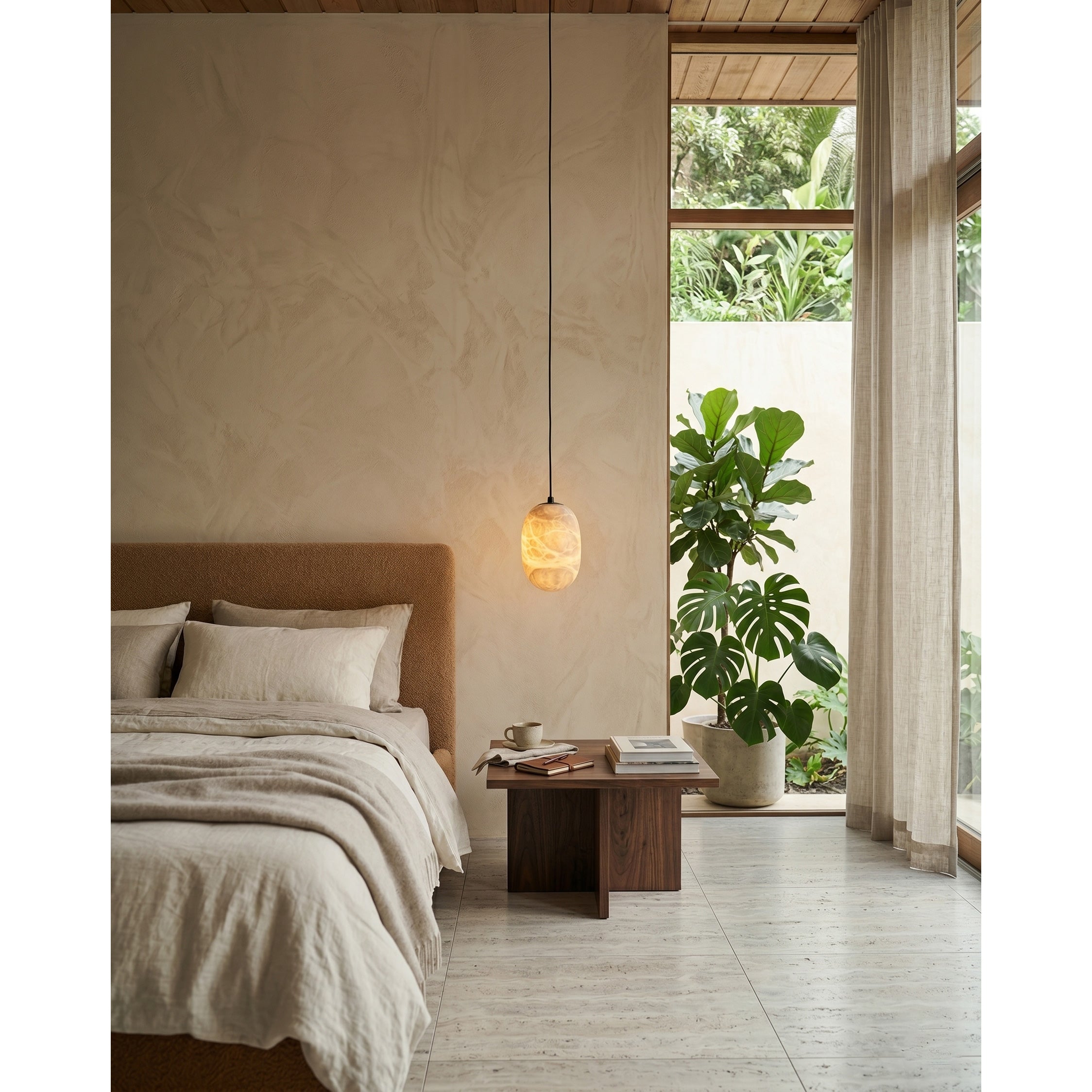 Angled view of the white alabaster pendant light.