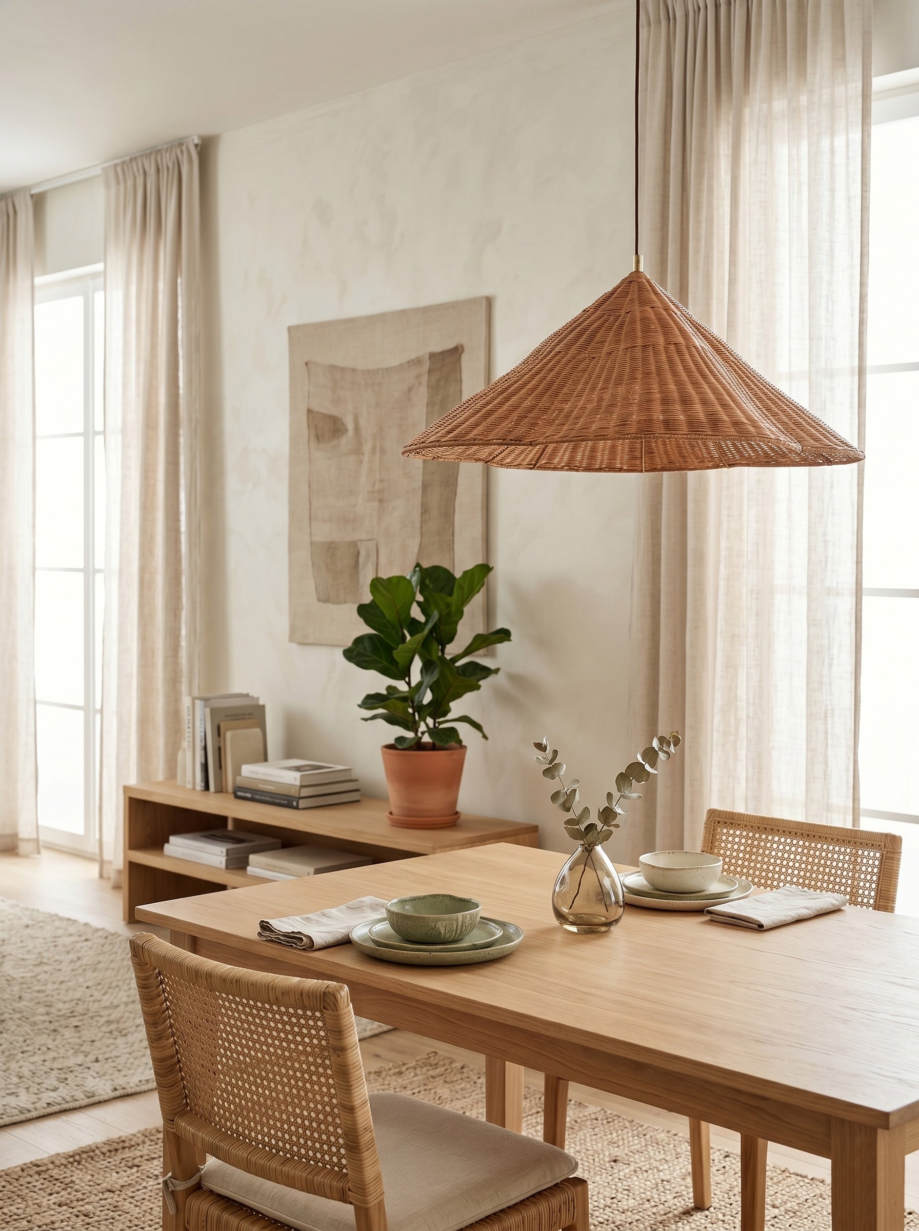 Close-up of the hand-woven rattan texture on the Bardi pendant lamp.