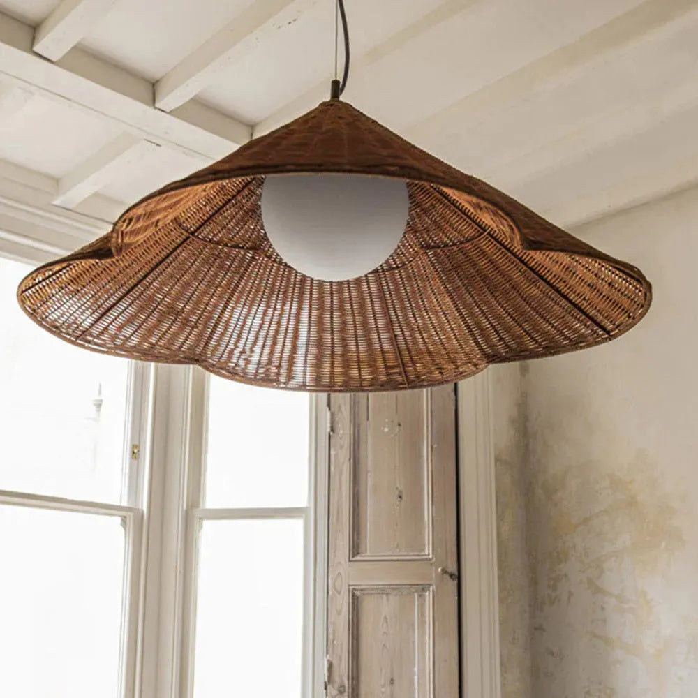 View of the frosted glass globe diffuser inside the rattan shade.