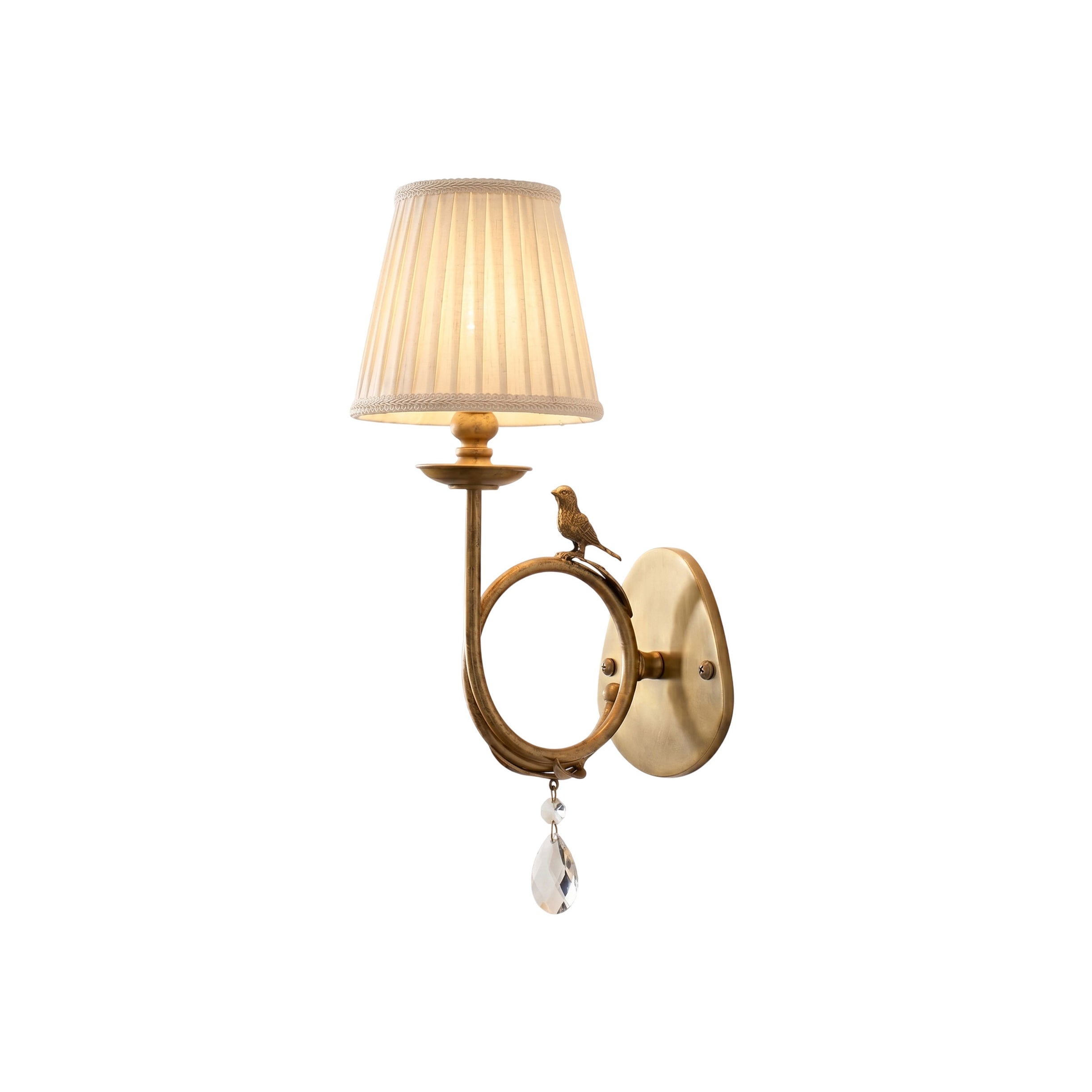 Front view of the Bird Fabric Wall Sconce with its pleated beige shade.