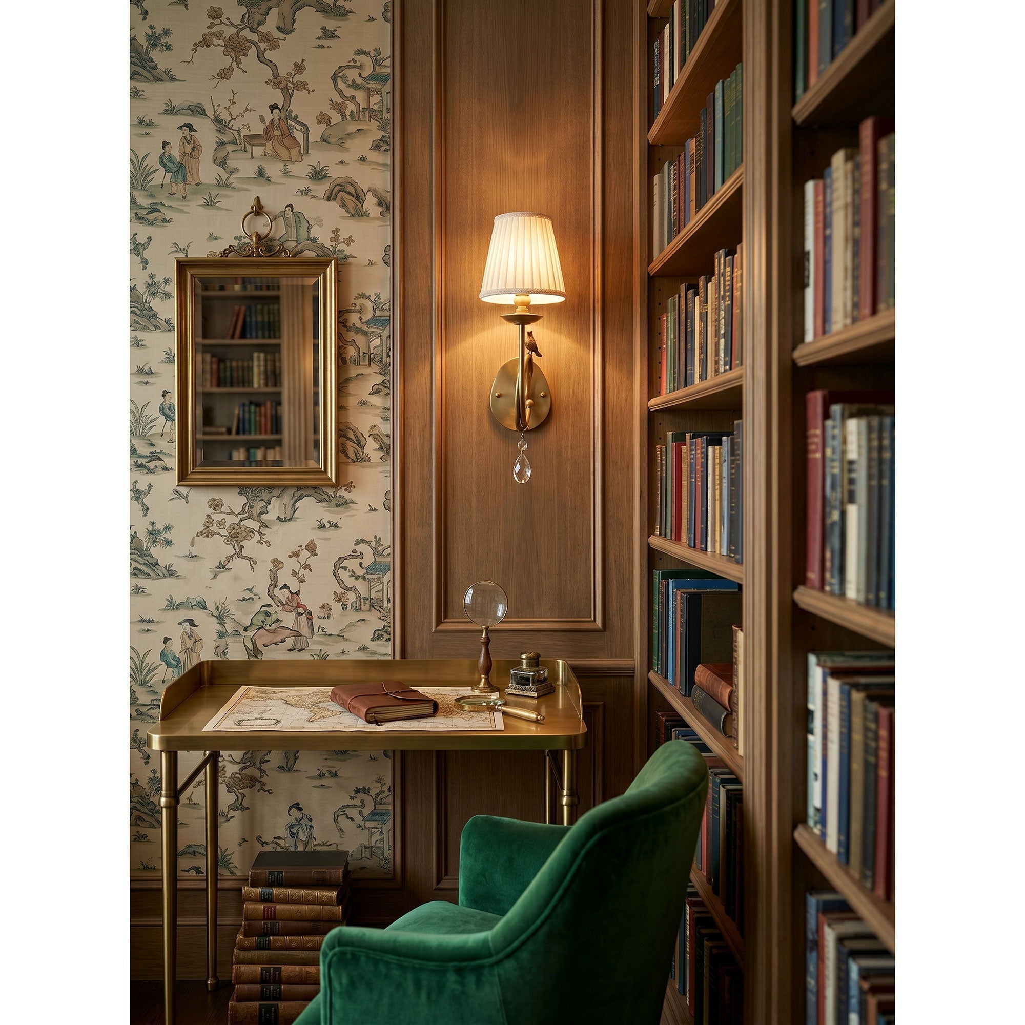 The Bird Fabric Wall Sconce shown as a sophisticated bedside reading light.
