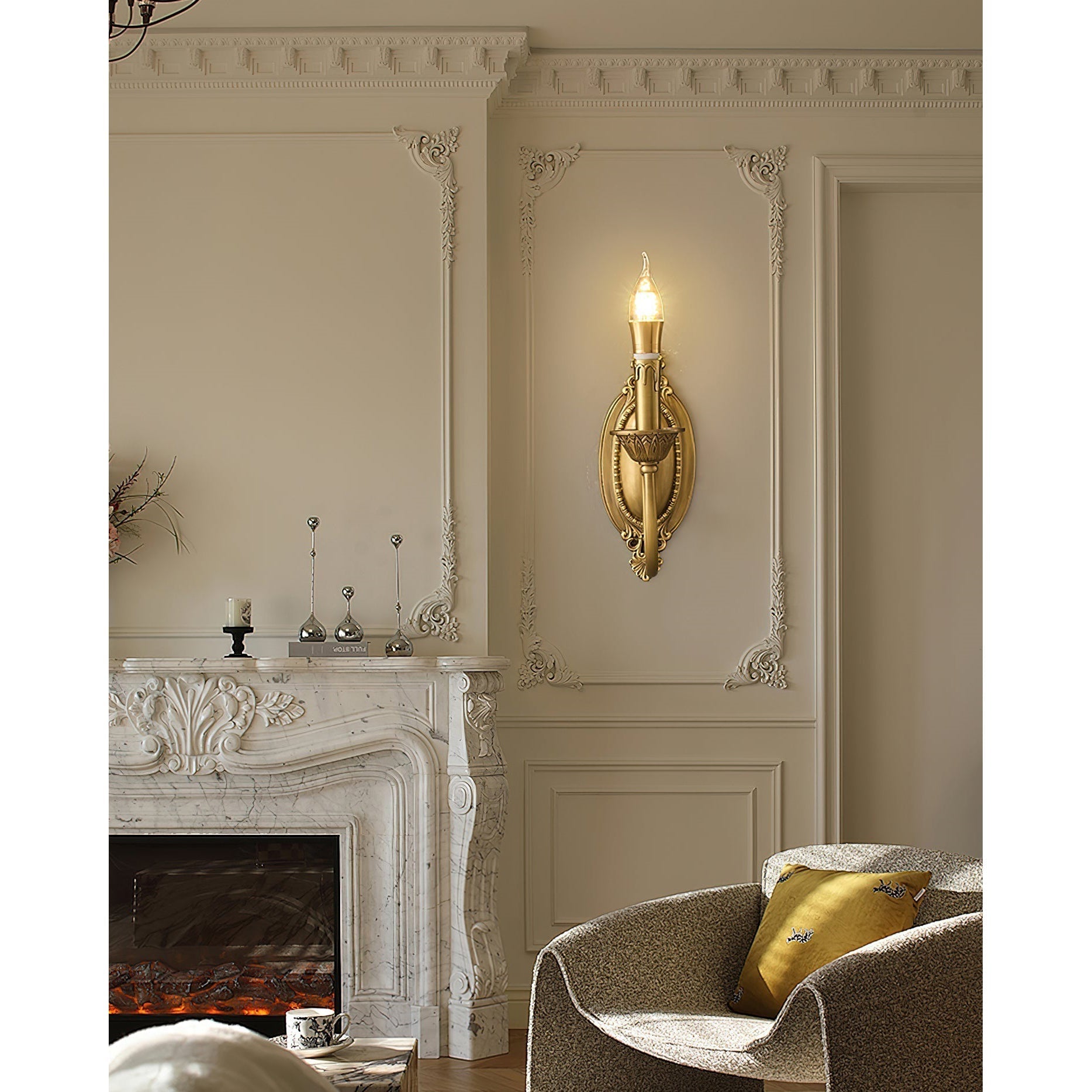 The two-head version of the Blair Candle Wall Sconce in antique brass.