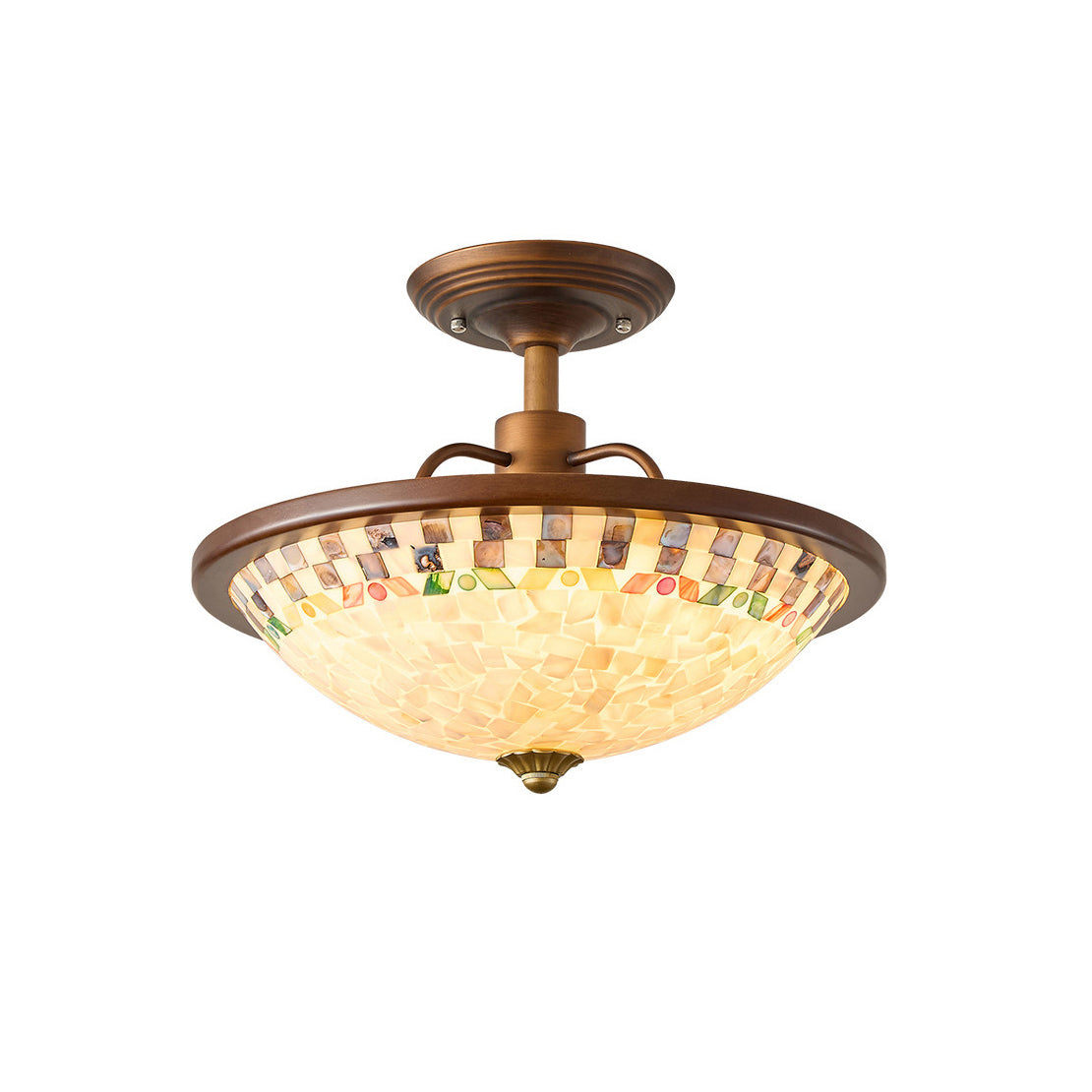 Bradshaw Mosaic Flush Mount with a rubberwood frame and shell tile shade.