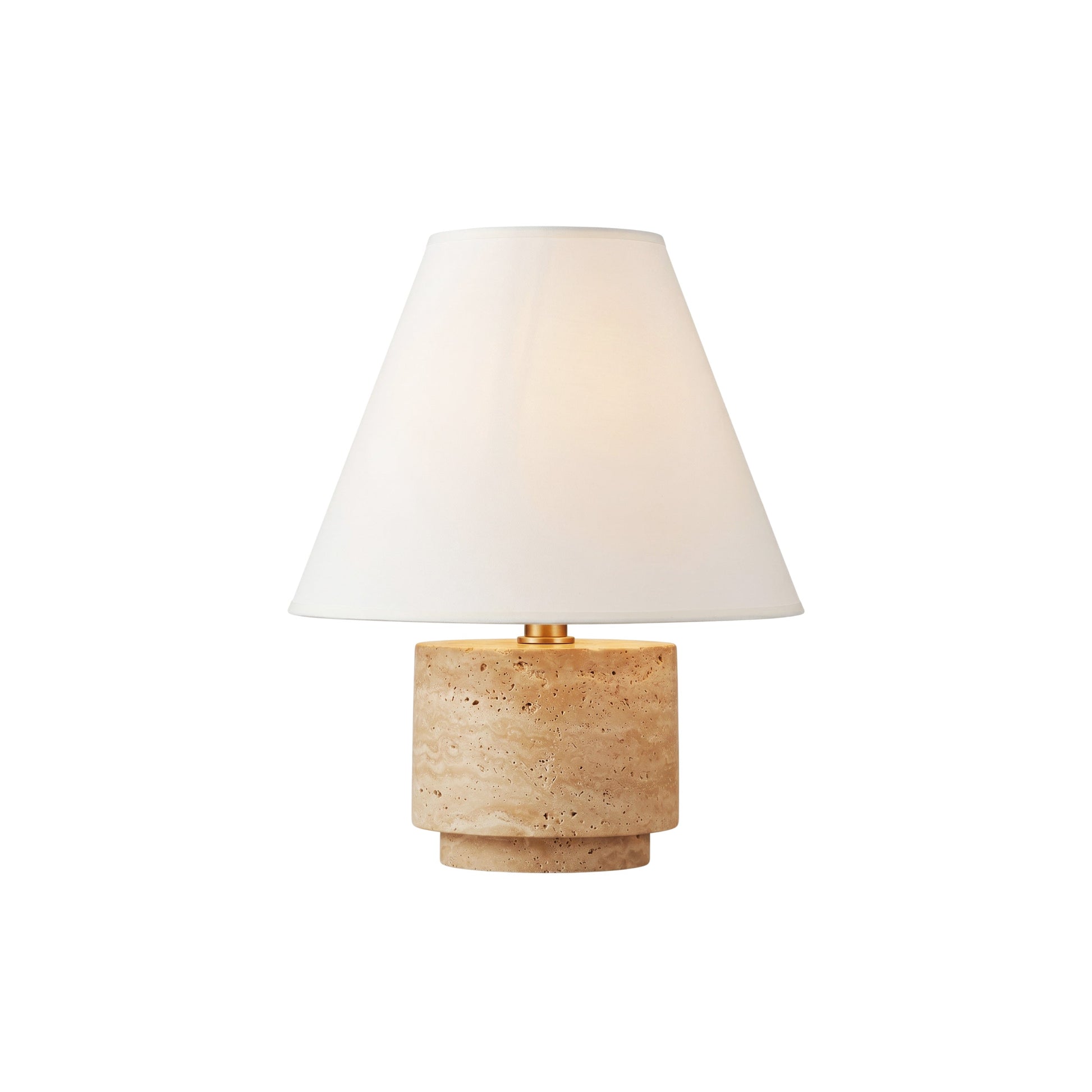 Bronte Table Lamp with a travertine base and flared linen shade.