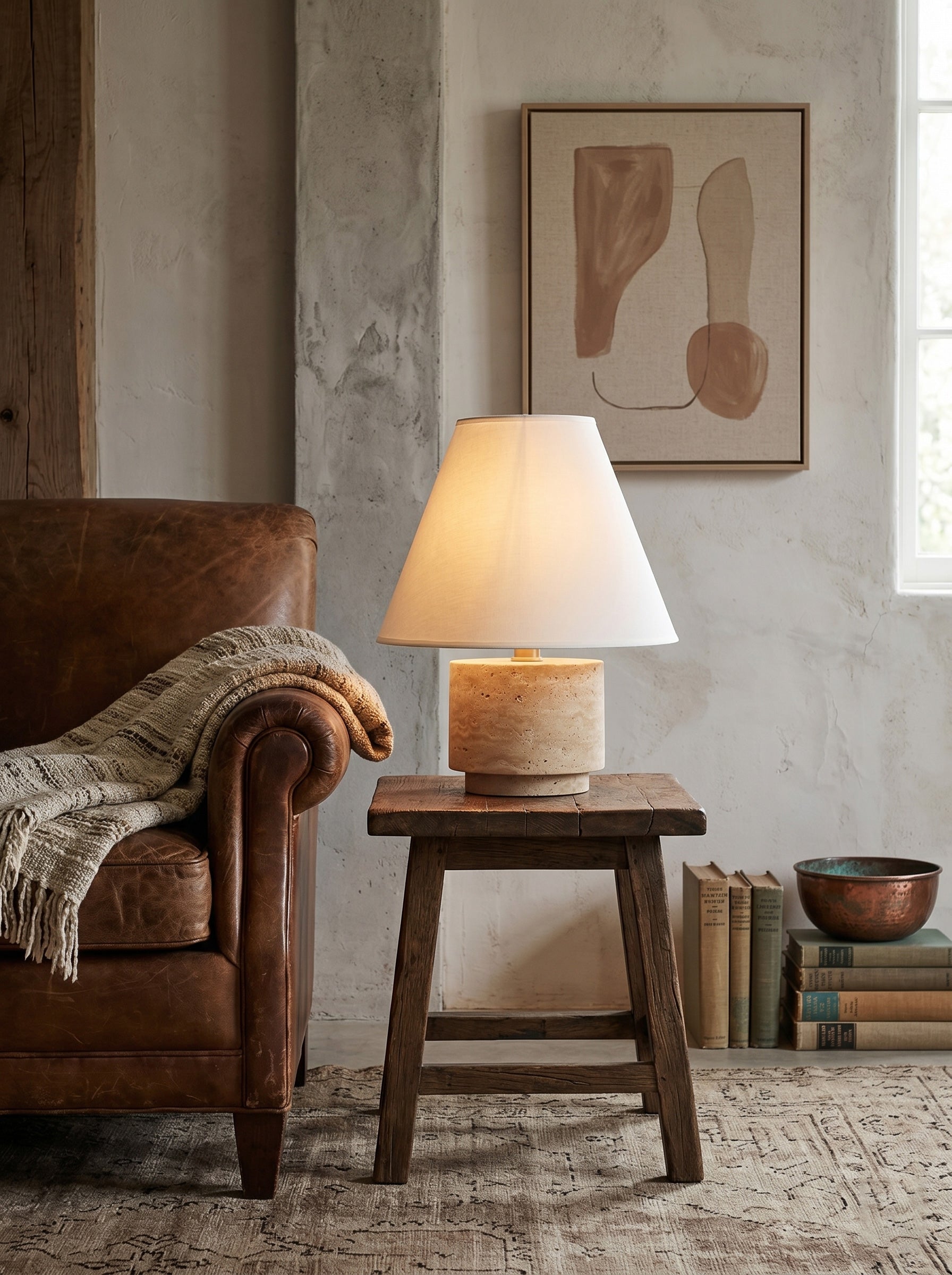 Close-up of the natural veining on the travertine base of the Bronte lamp.