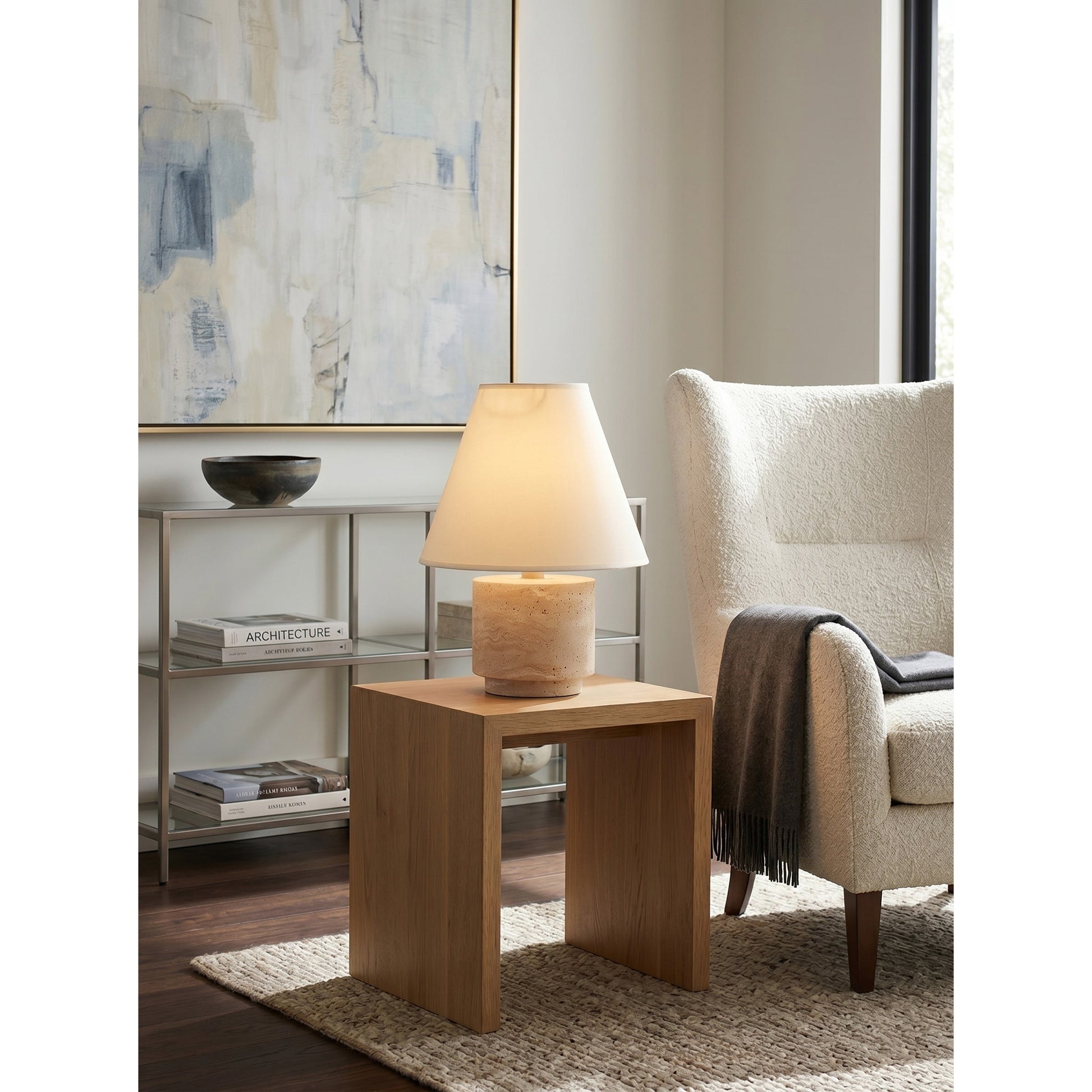 Detail view of the brushed brass hardware on the Bronte Table Lamp.