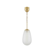 Bruckner Pendant Lamp with brass finish and opaque teardrop glass shade.