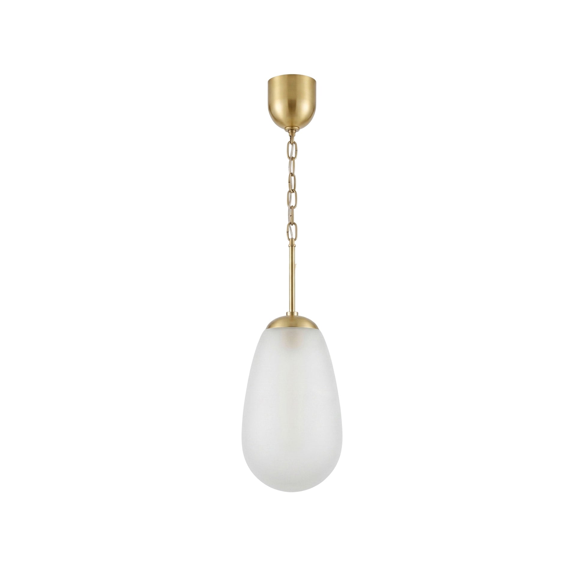 Bruckner Pendant Lamp with brass finish and opaque teardrop glass shade.
