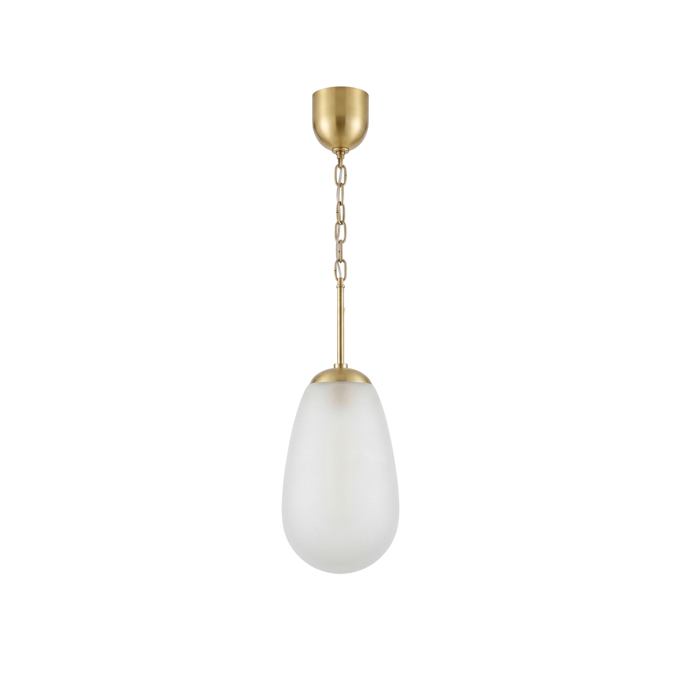 Bruckner Pendant Lamp with brass finish and opaque teardrop glass shade.