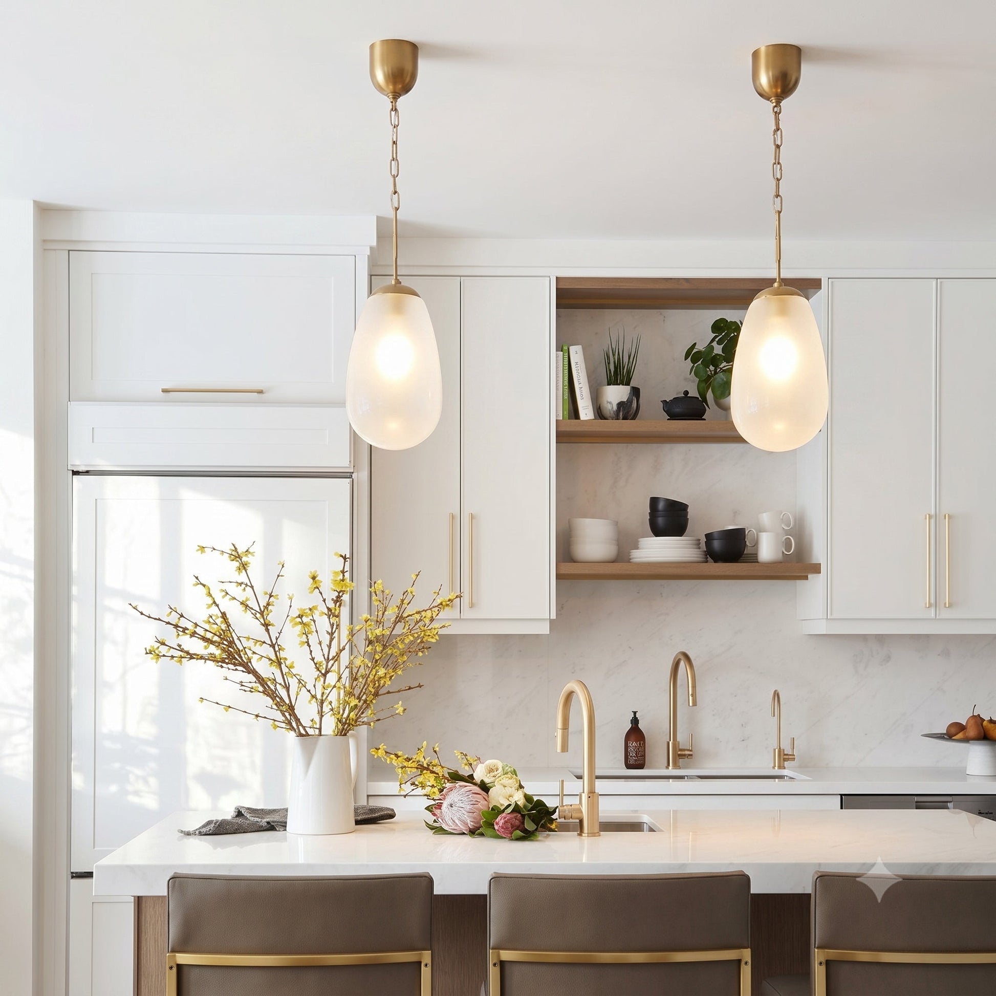 A trio of Bruckner Pendant Lamps in brass finish over a modern kitchen island.