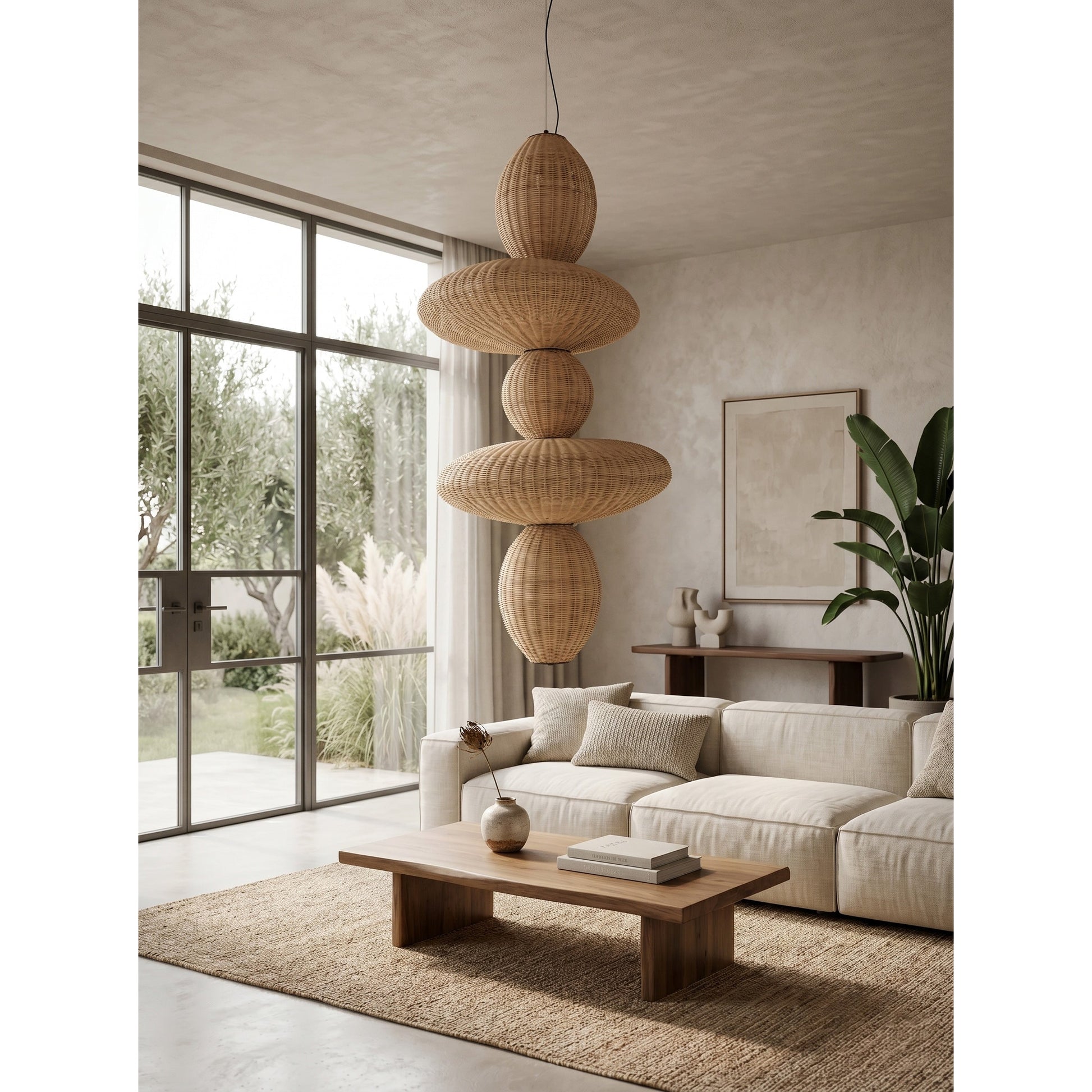 The natural rattan chandelier shown against a bright, white wall to highlight its color and texture.