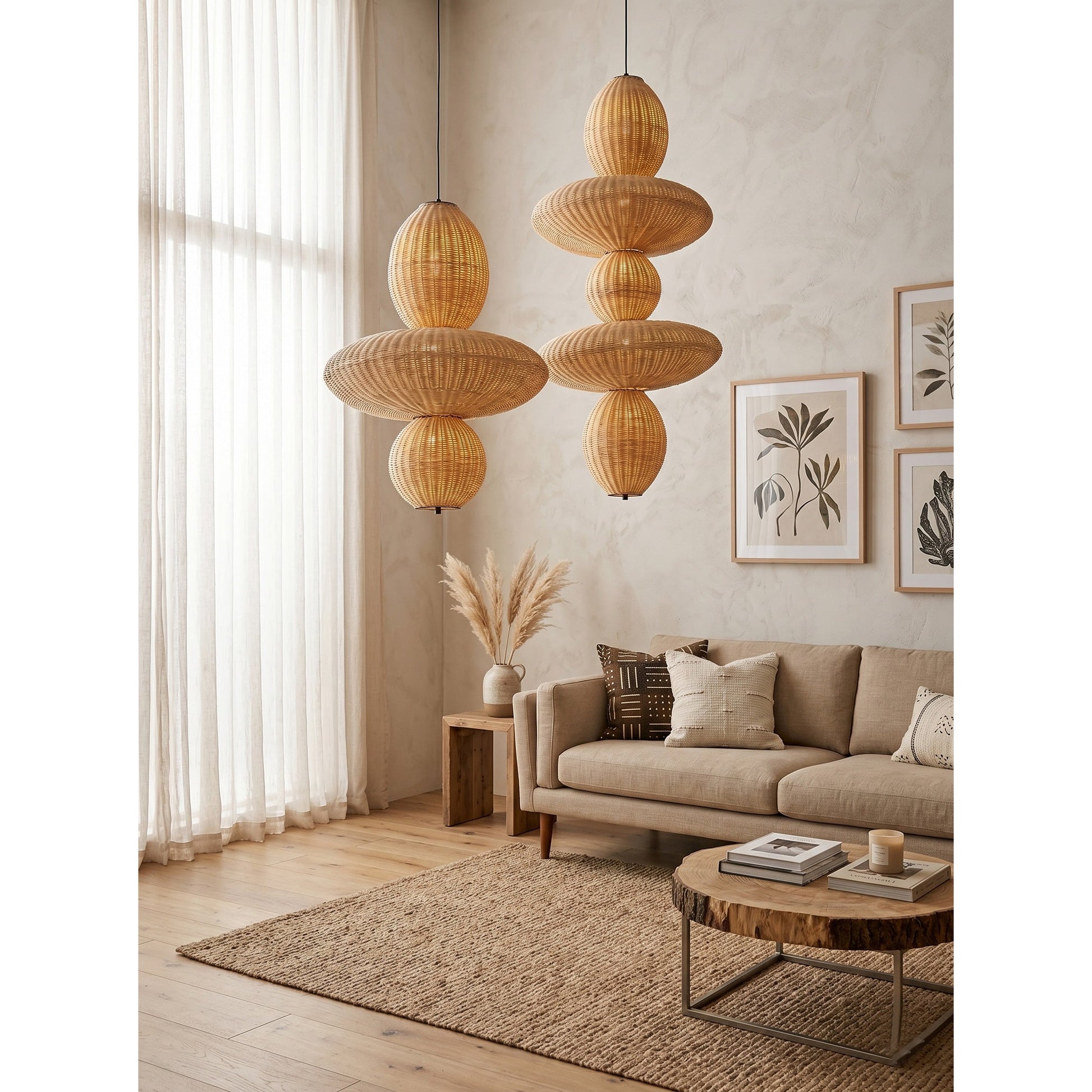 A view from below looking up into the illuminated Bubbles Rattan Chandelier.