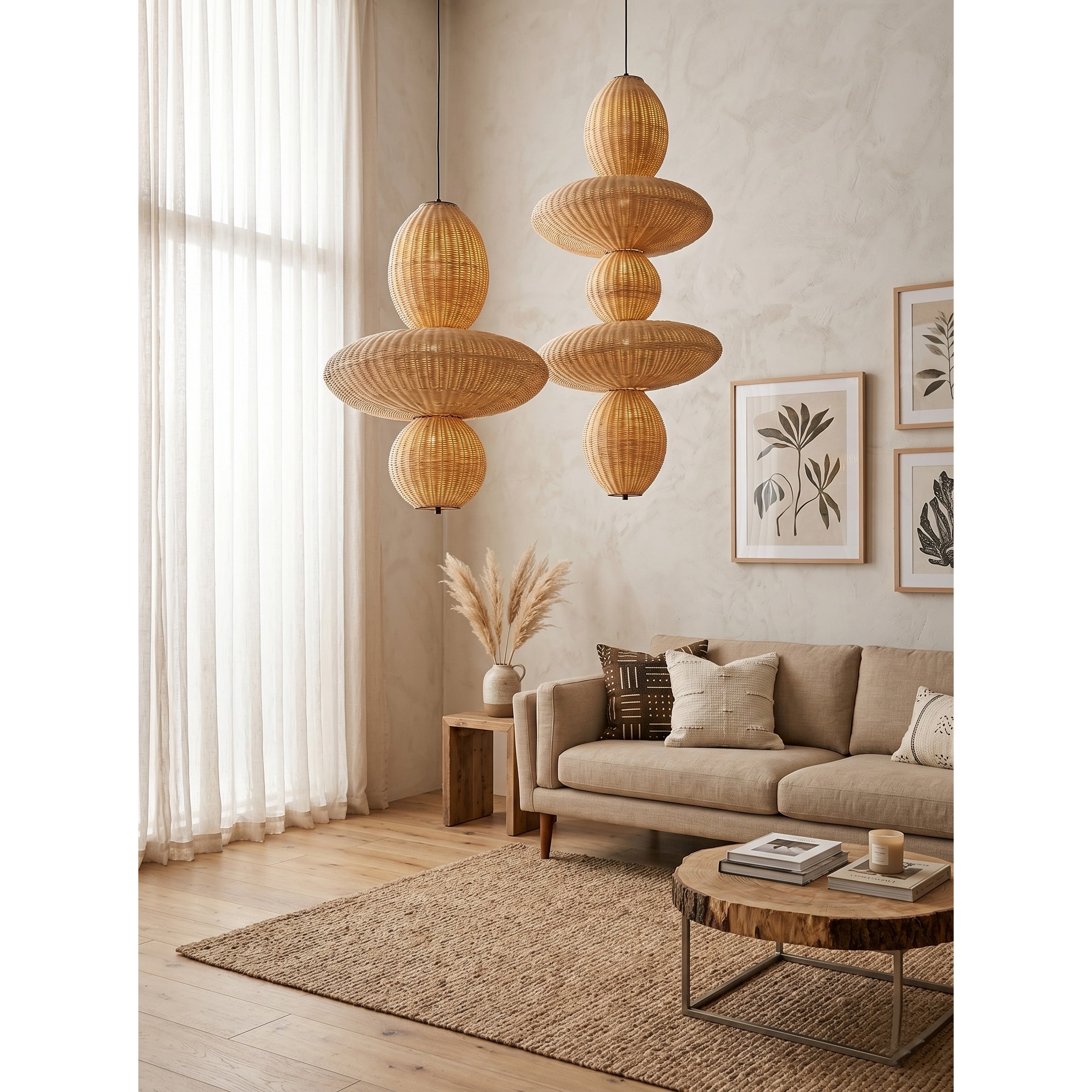 A view from below looking up into the illuminated Bubbles Rattan Chandelier.