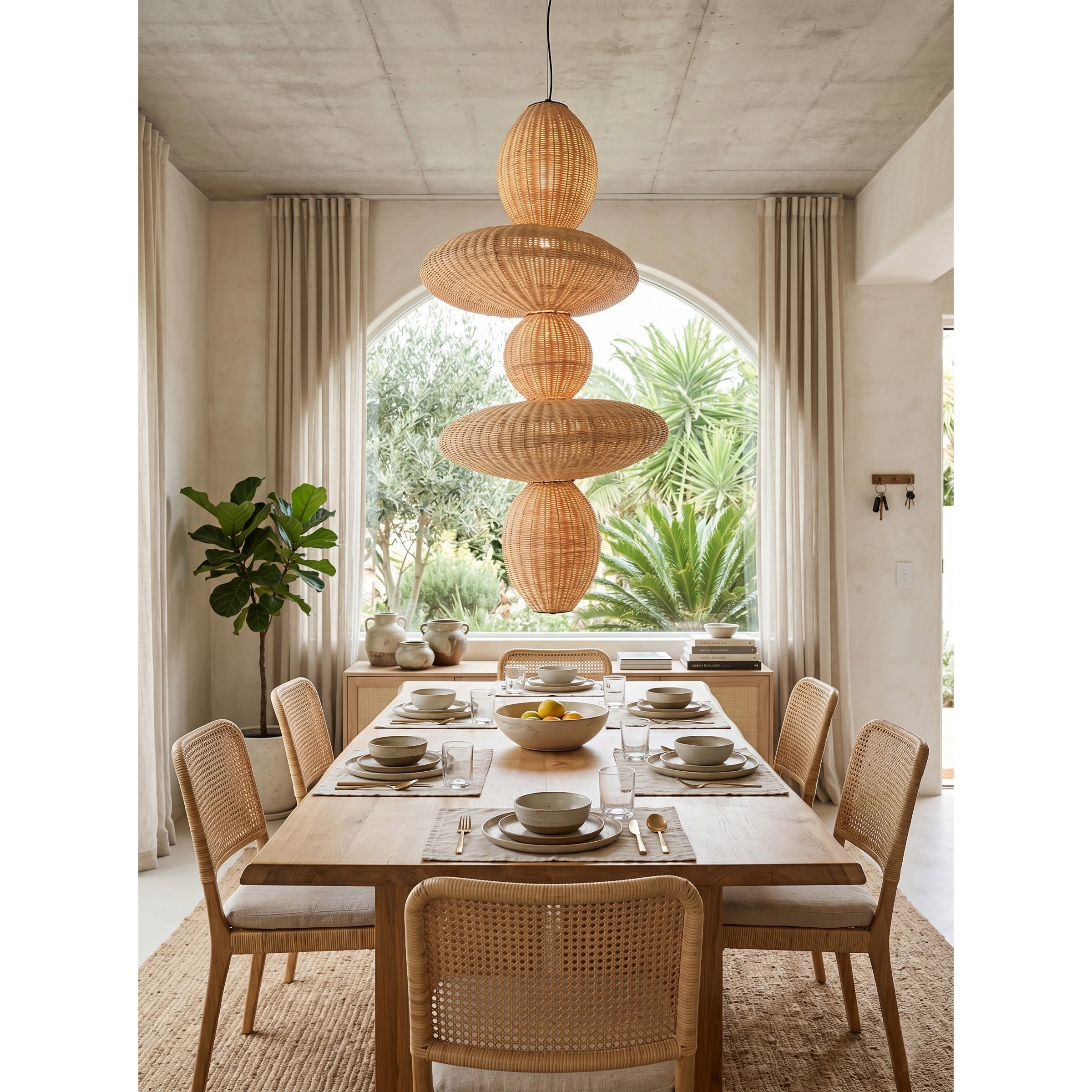 Lifestyle image of the Bubbles Rattan Chandelier creating a cozy ambiance in a home.