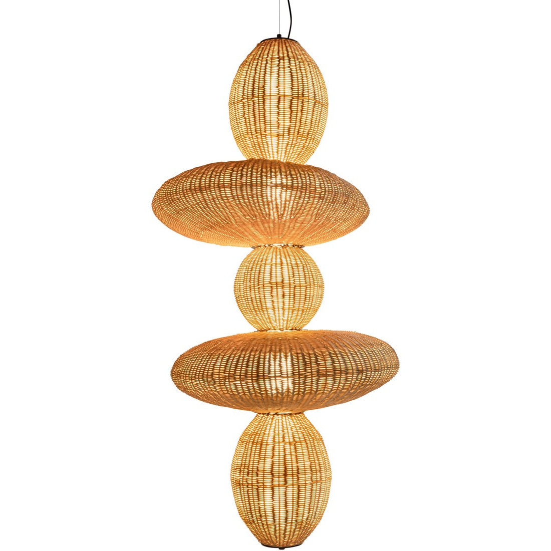 The chandelier pictured unlit to showcase the natural beauty of the rattan material.