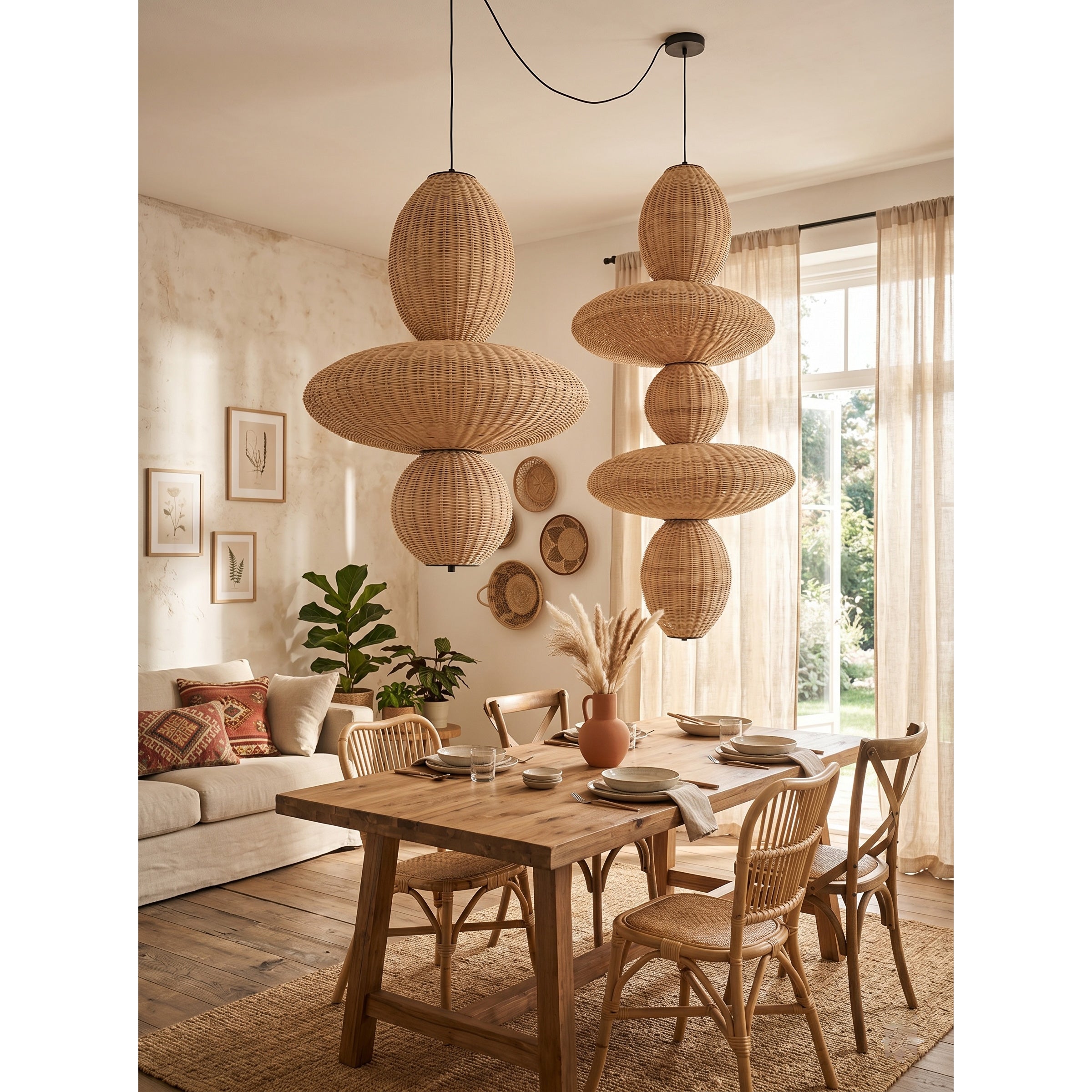 The chandelier casting a warm, textured glow over a modern dining room table.