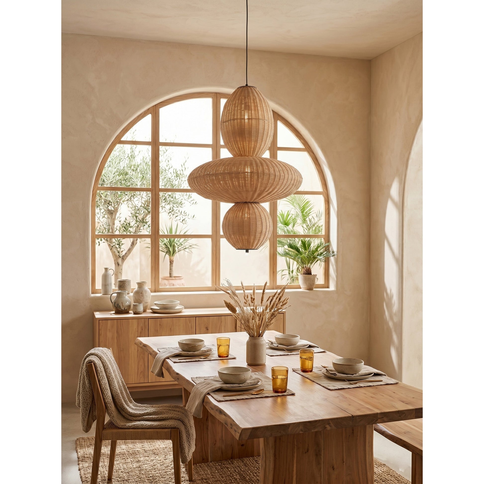 The Japandi-style chandelier complementing a minimalist living room decor.