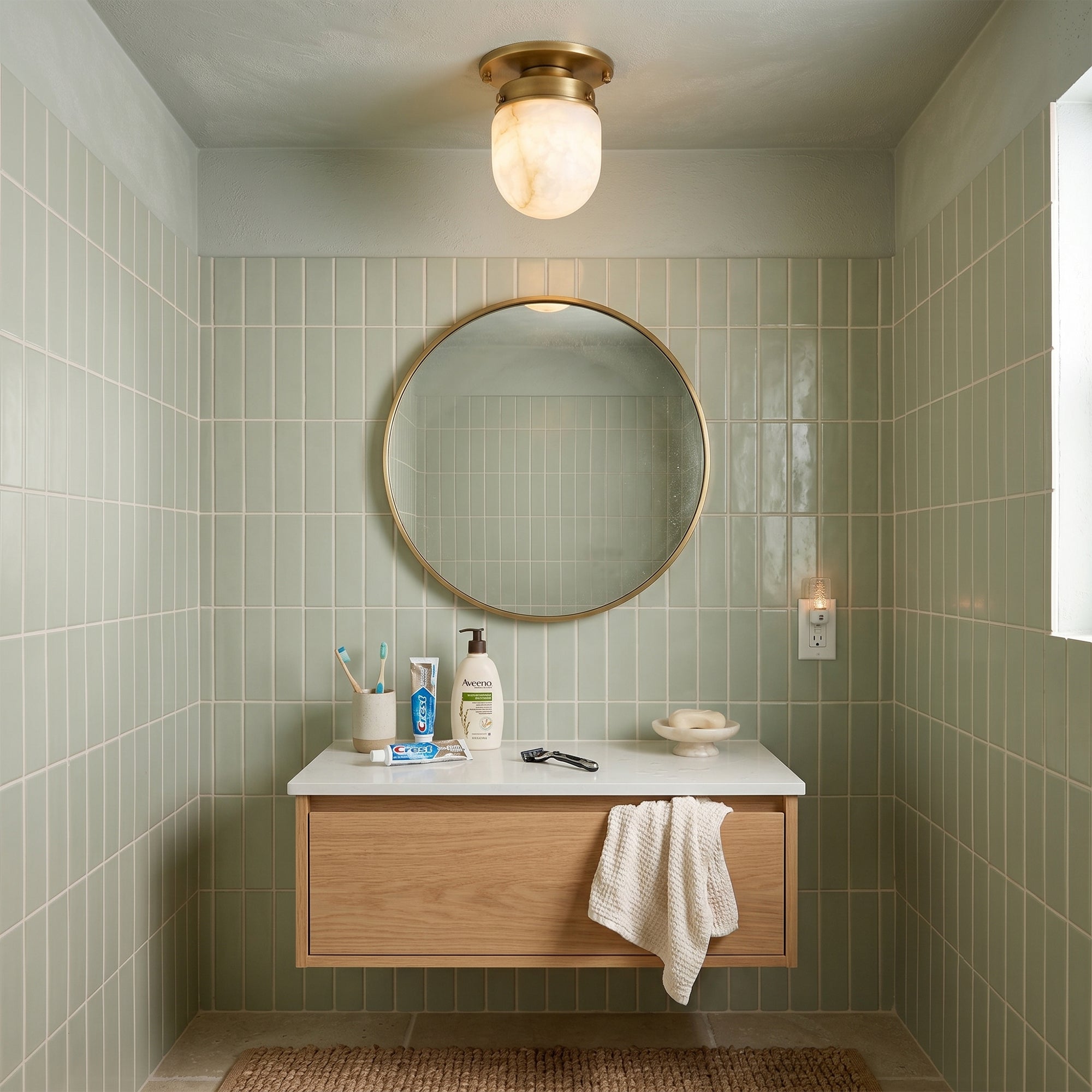 Side profile of the bullet-shaped alabaster and brass ceiling light.