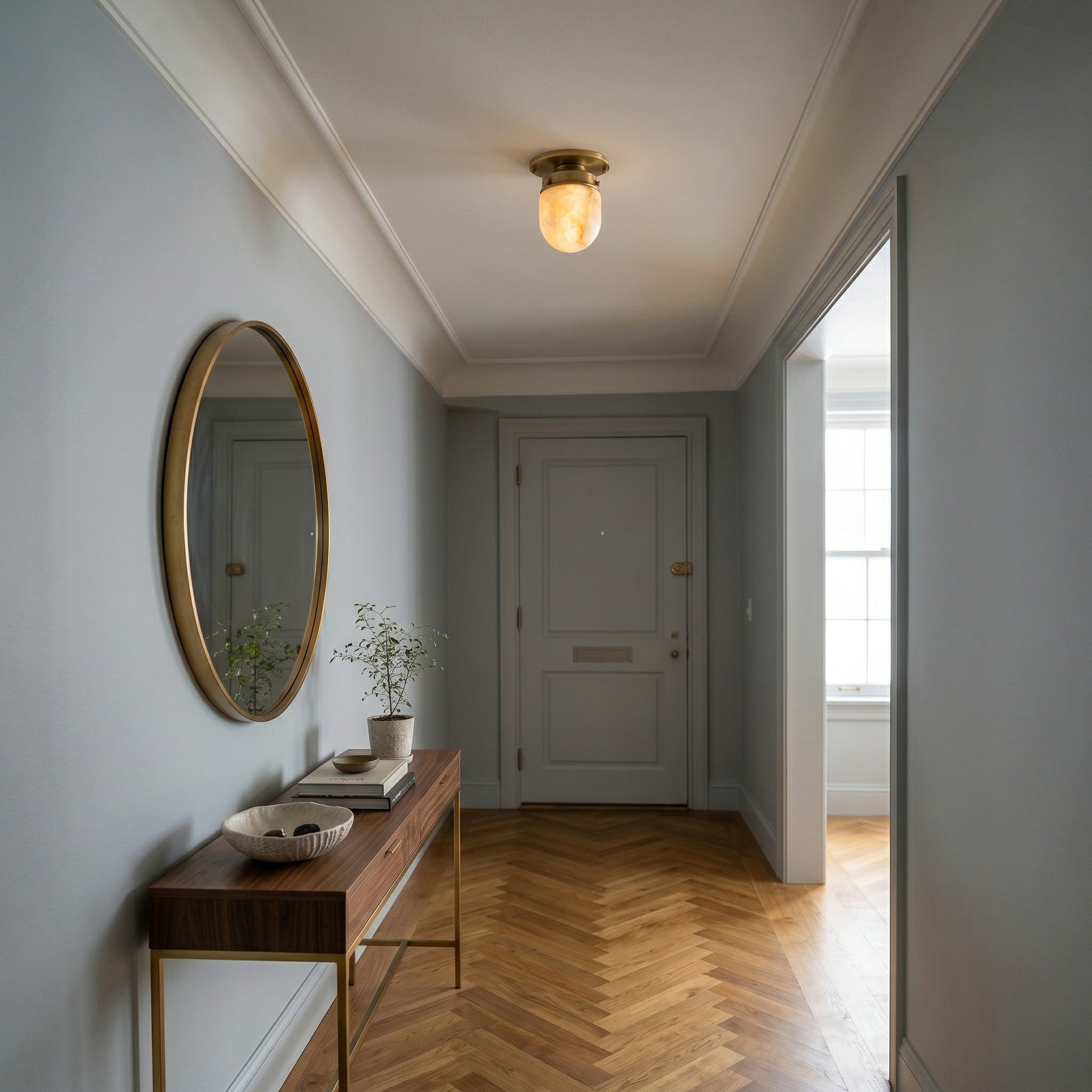 The ceiling light shown in a cozy bedroom setting.