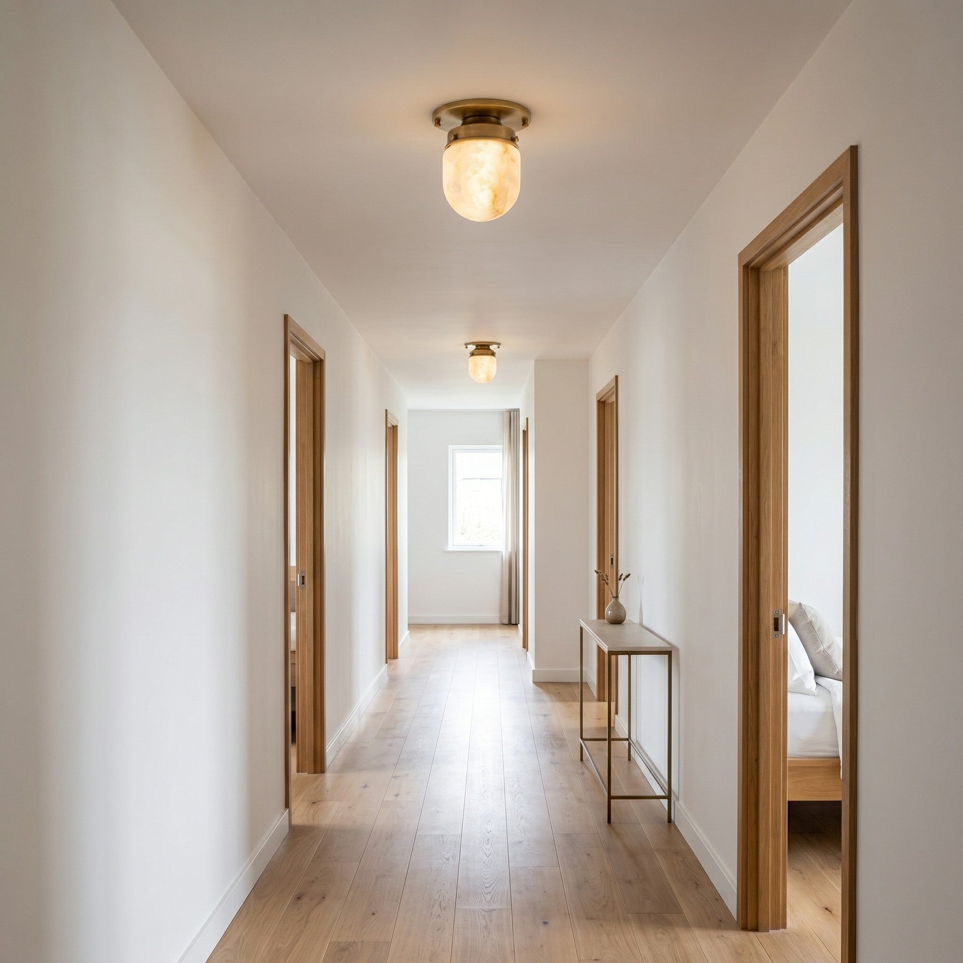 View from below of the alabaster flush mount.