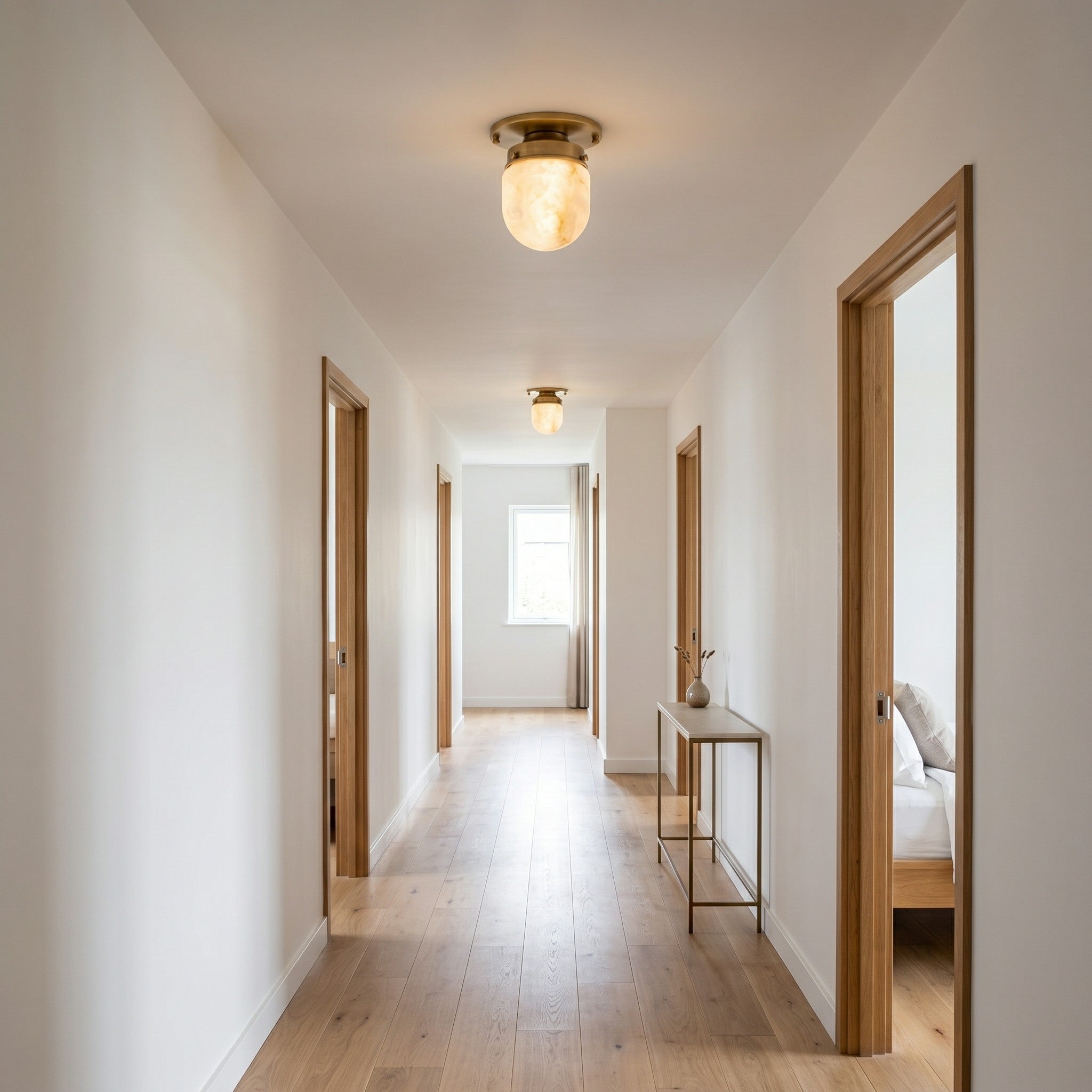 View from below of the alabaster flush mount.