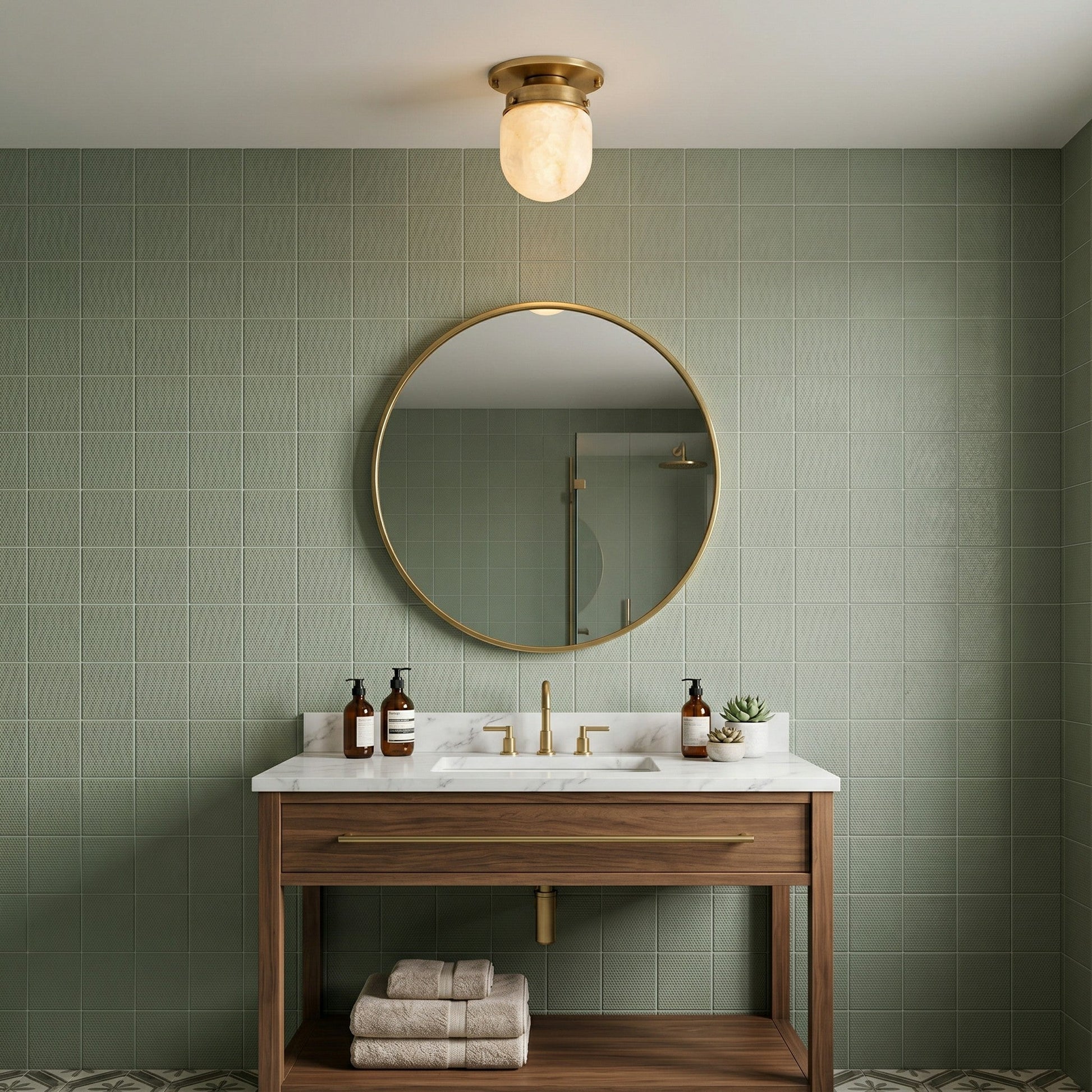 Lifestyle image of the flush mount in a Japandi-style entryway.
