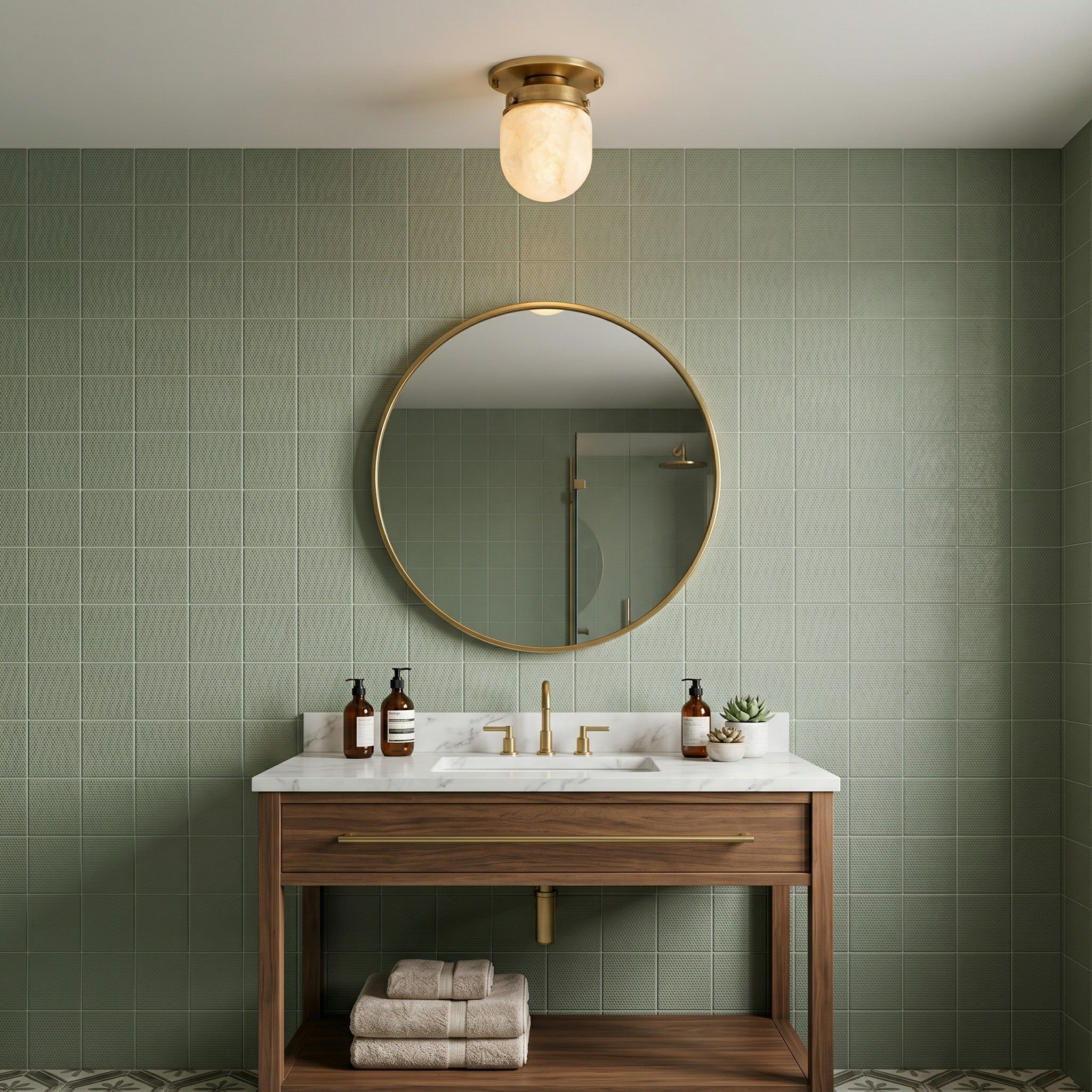 Lifestyle image of the flush mount in a Japandi-style entryway.