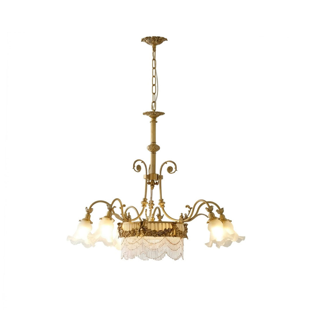 Camille Fringed Chandelier with aged-brass finish and frosted glass shades.