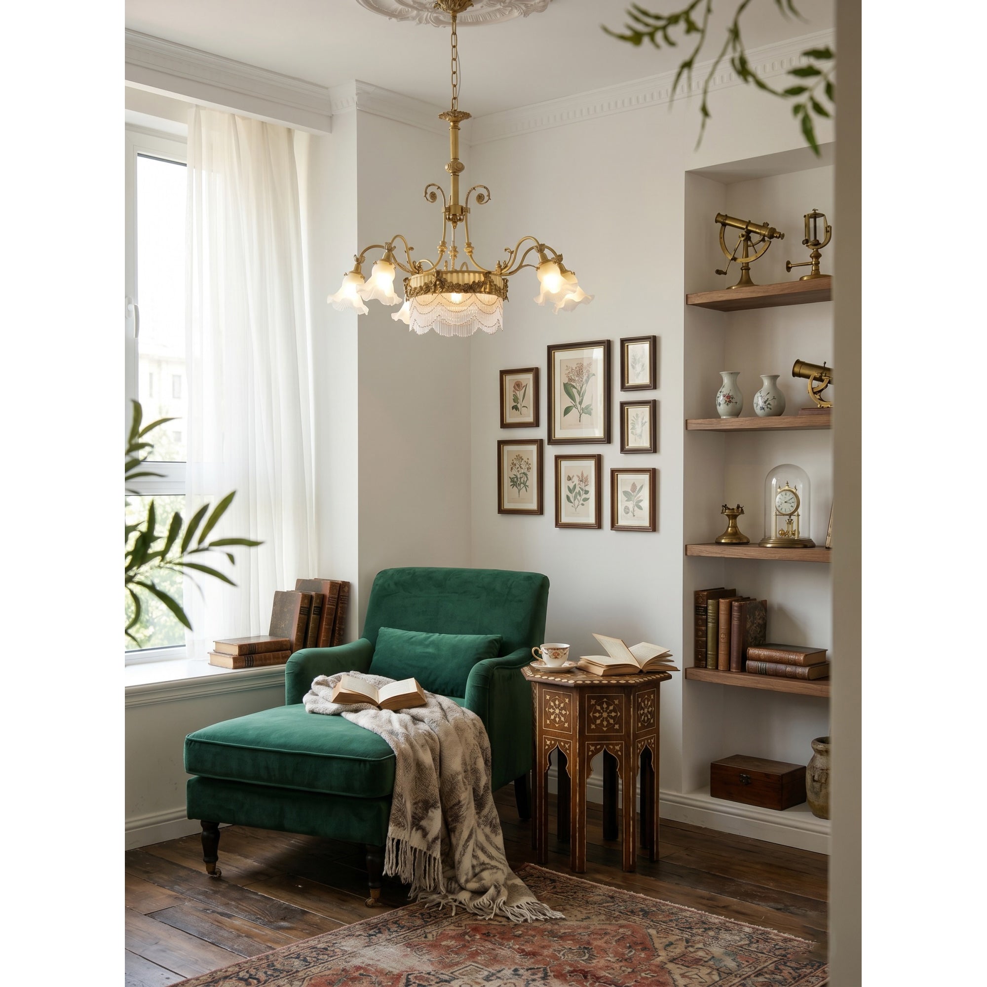 The chandelier shown unlit to feature the texture of the fringe and glass.