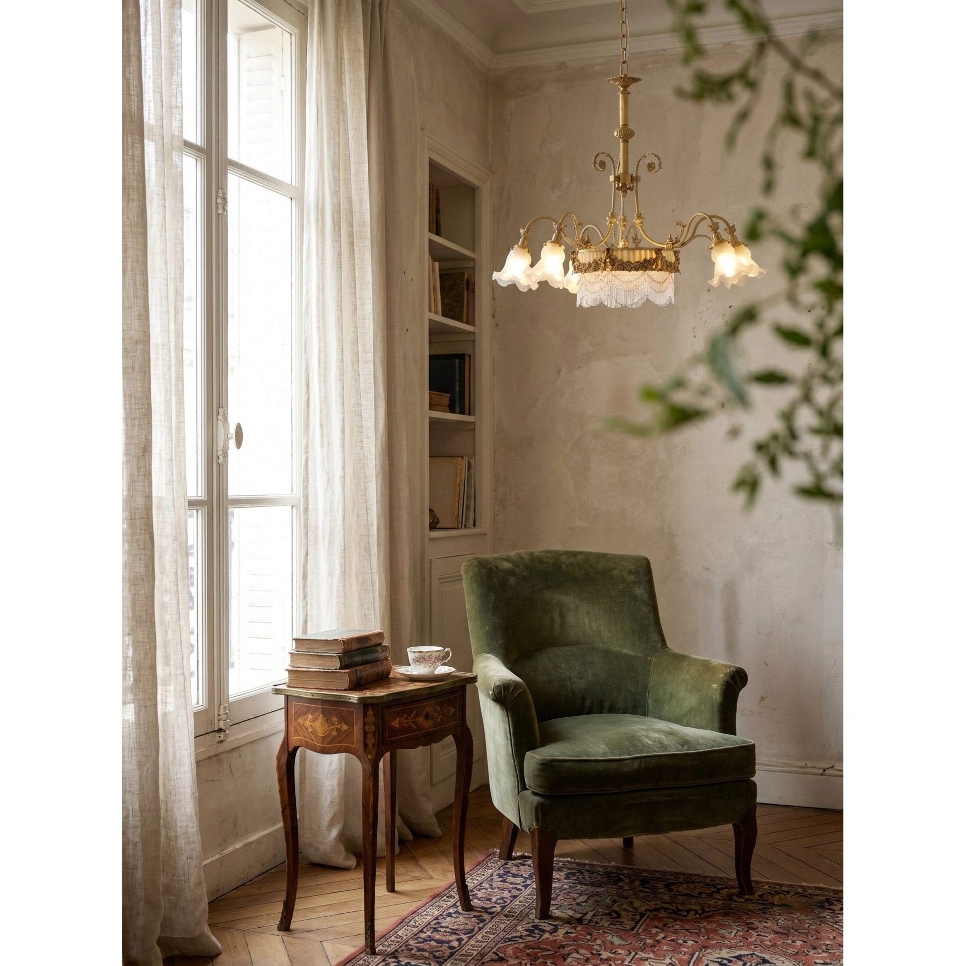 Scale and dimensions of the Camille Fringed Chandelier.