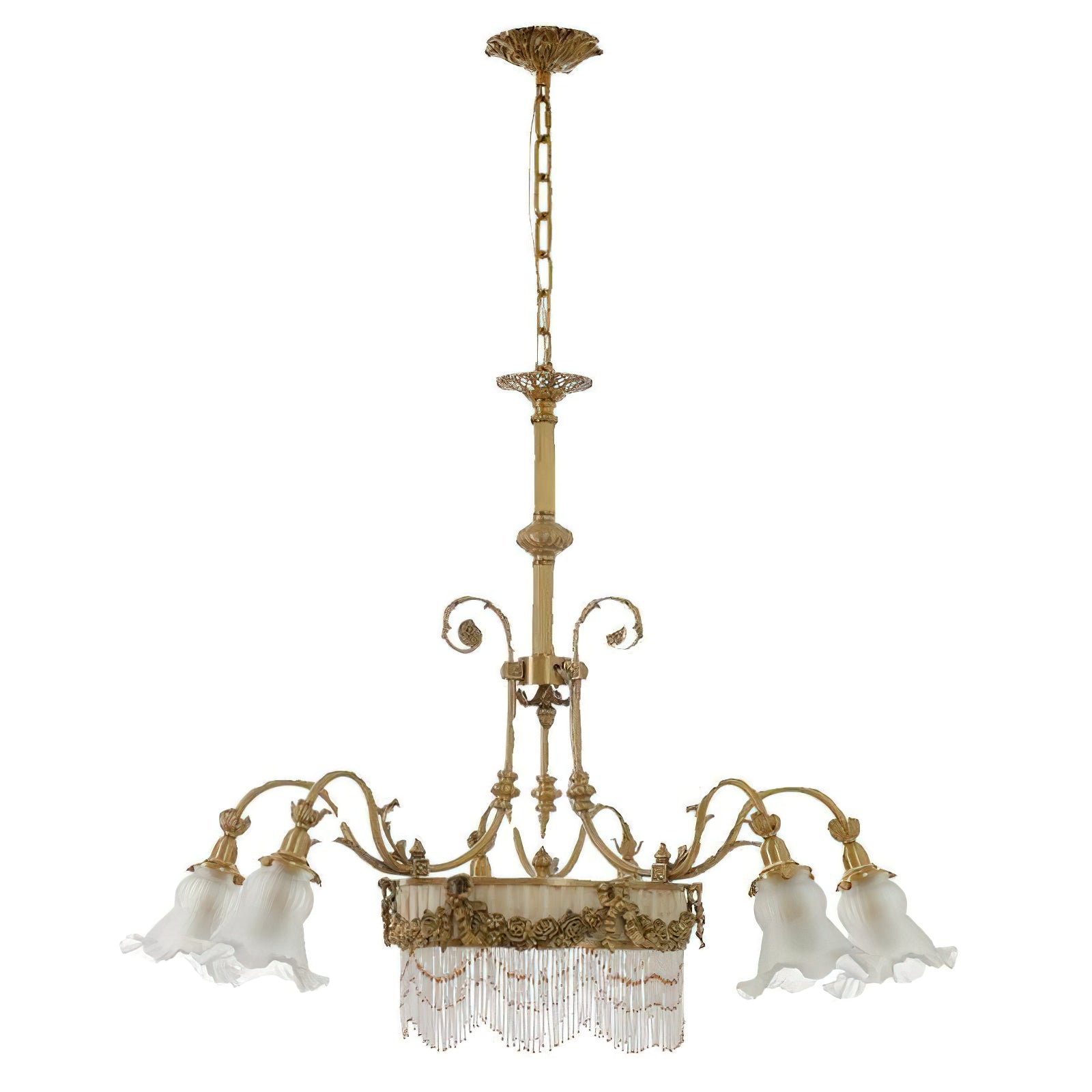 Example of the Camille Chandelier installed on a sloped ceiling.