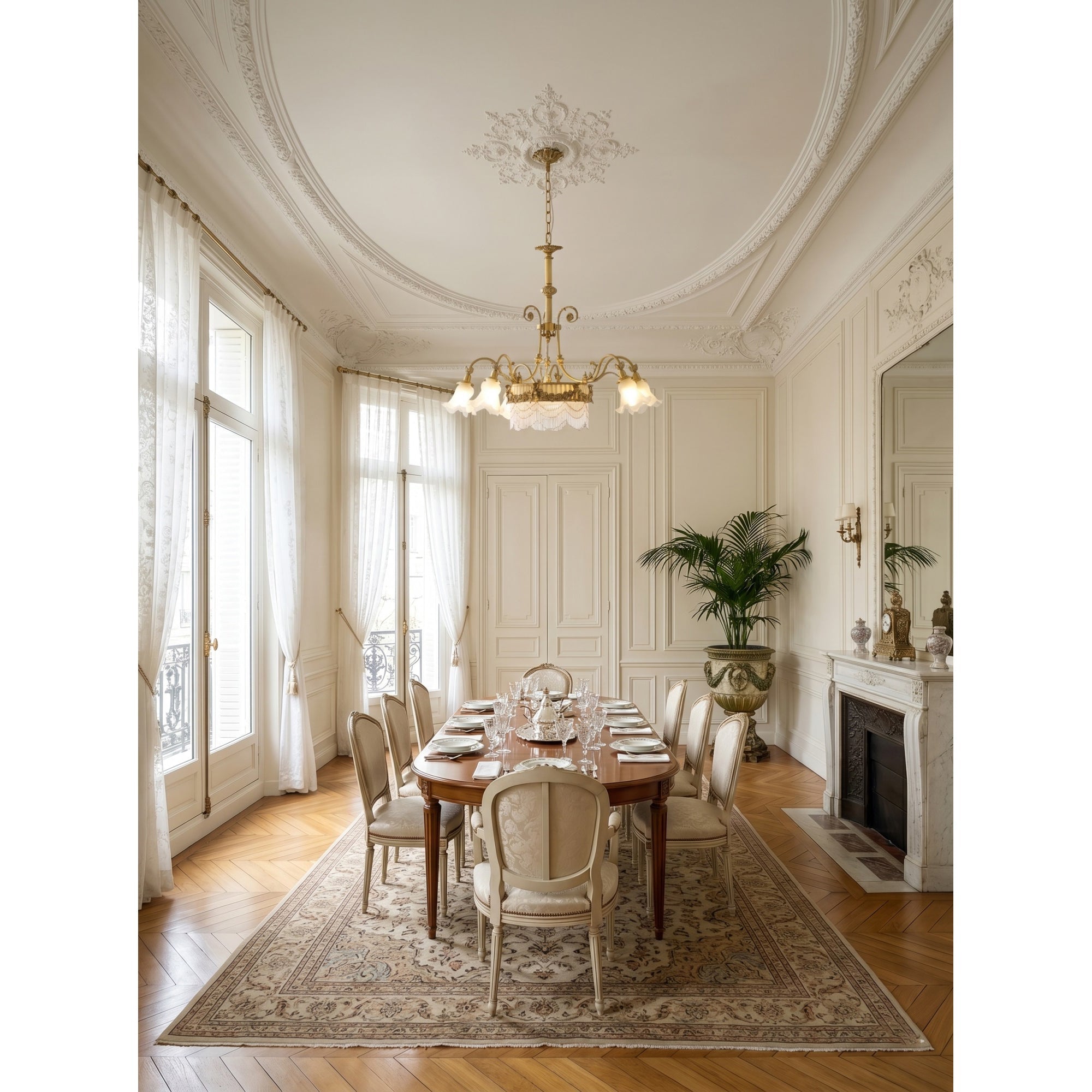Angled view showing the 4+1 light configuration of the brass chandelier.