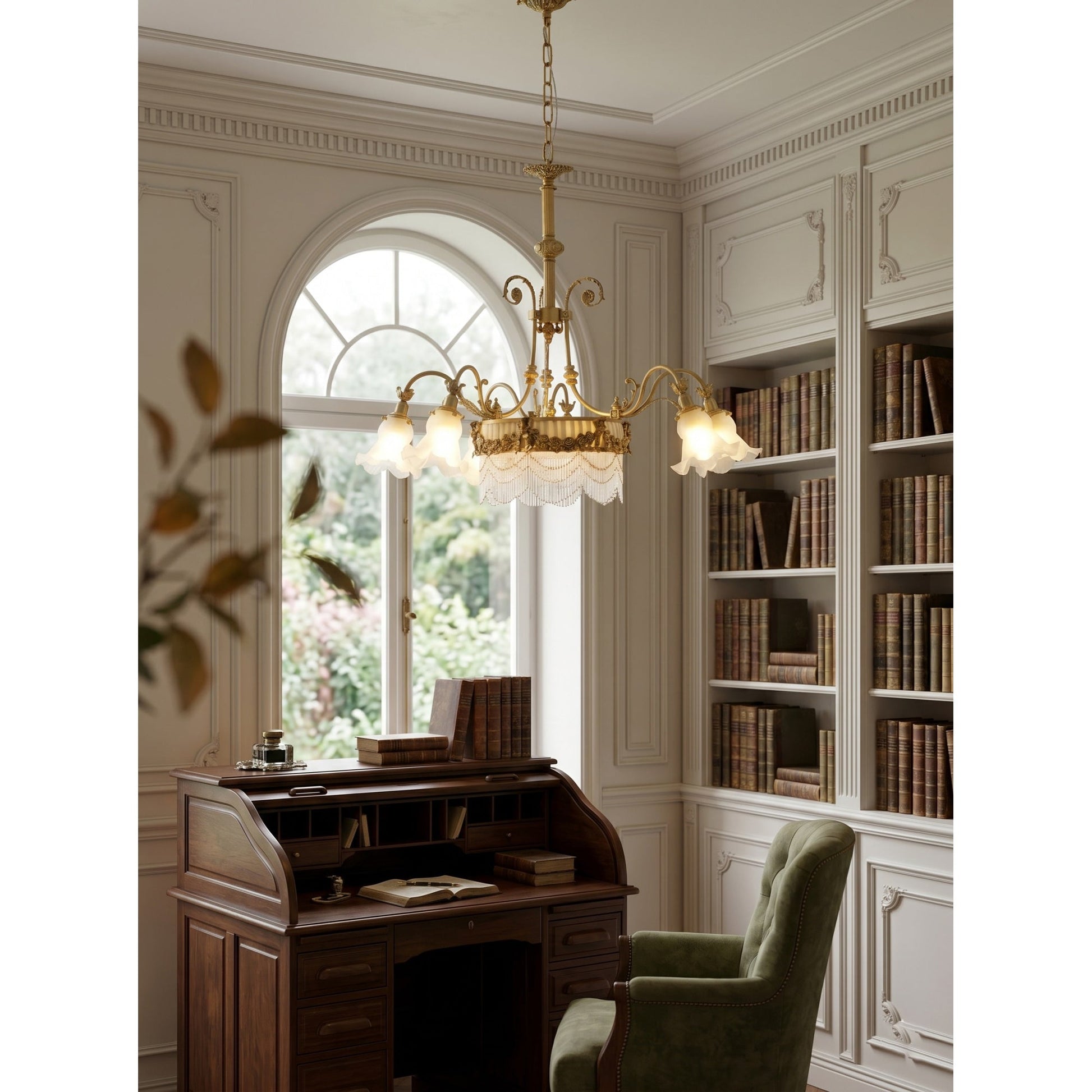 View from below looking up at the intricate brass frame and glass shades.