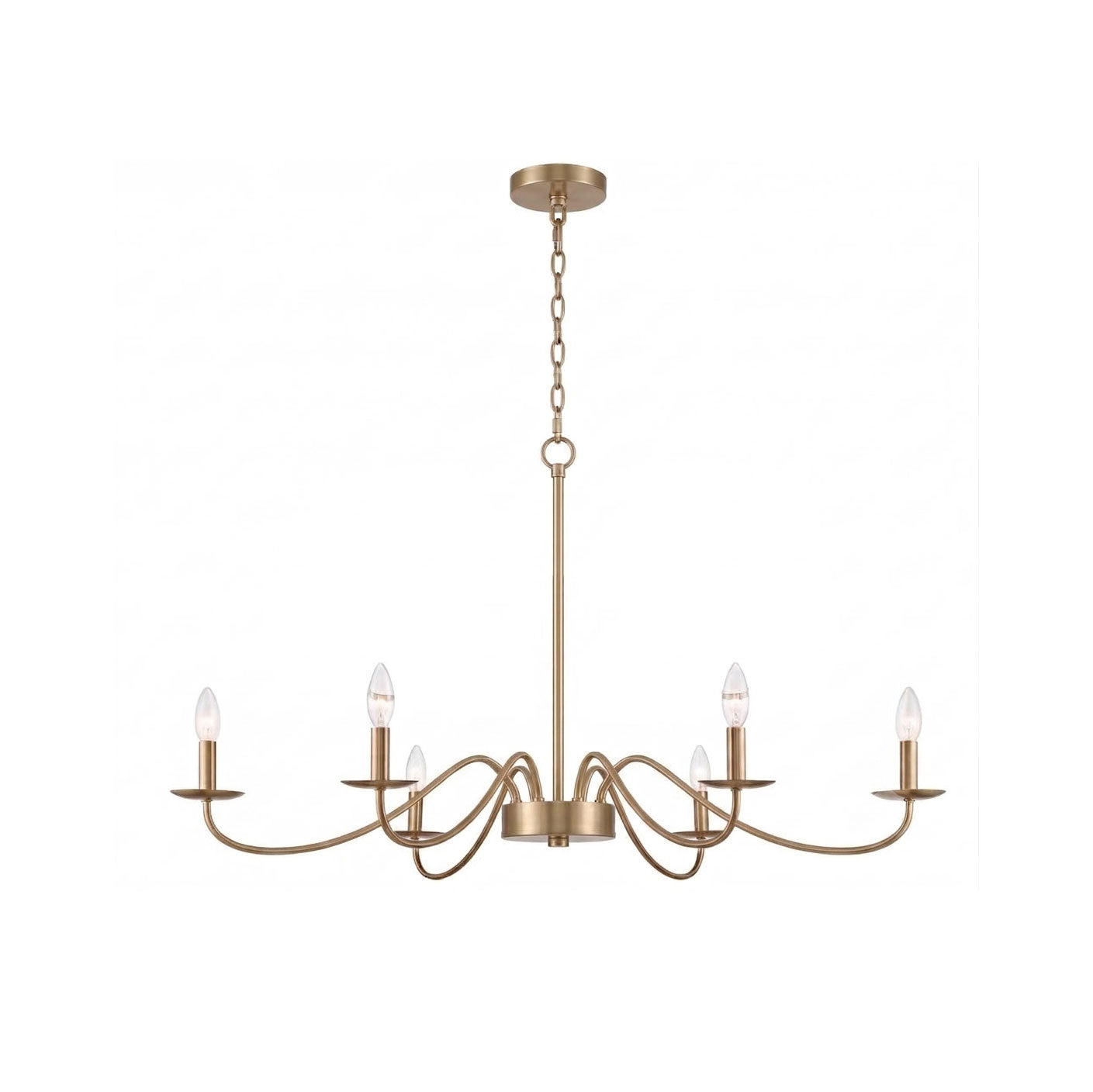 Candler Chandelier in brass finish with white fabric shades.