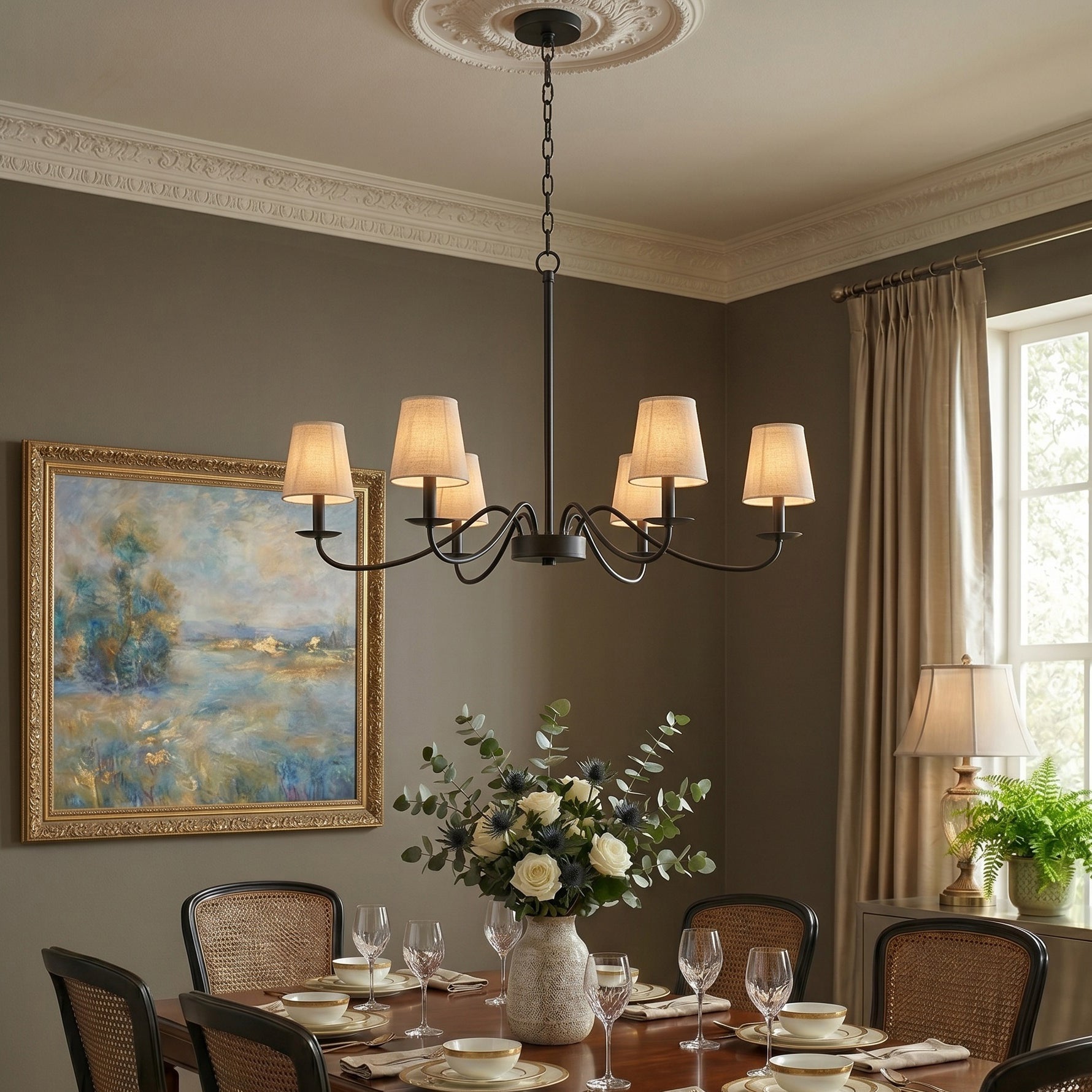 Candler Chandelier in black finish with white fabric shades.