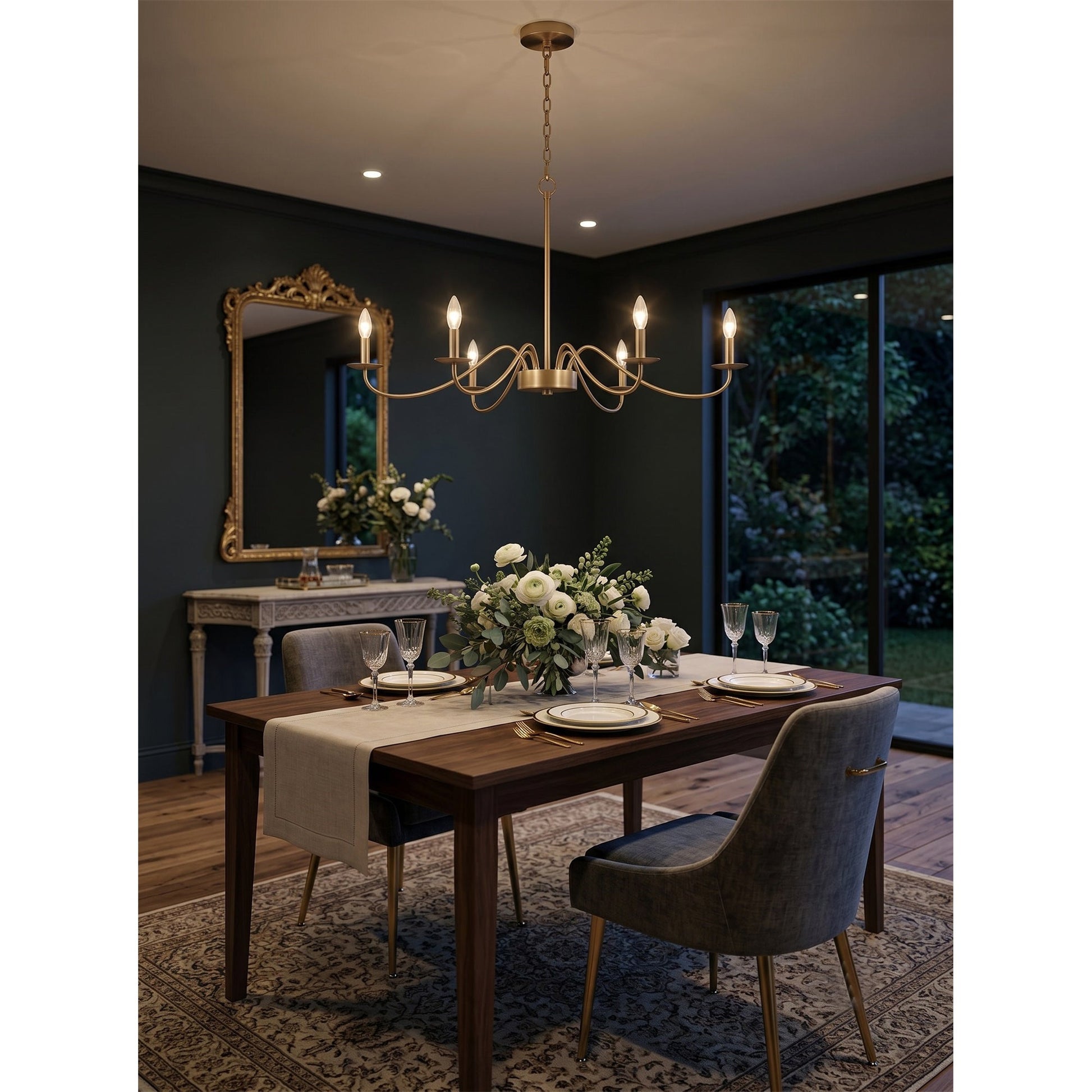 Angled view of the 6-light Candler Chandelier.
