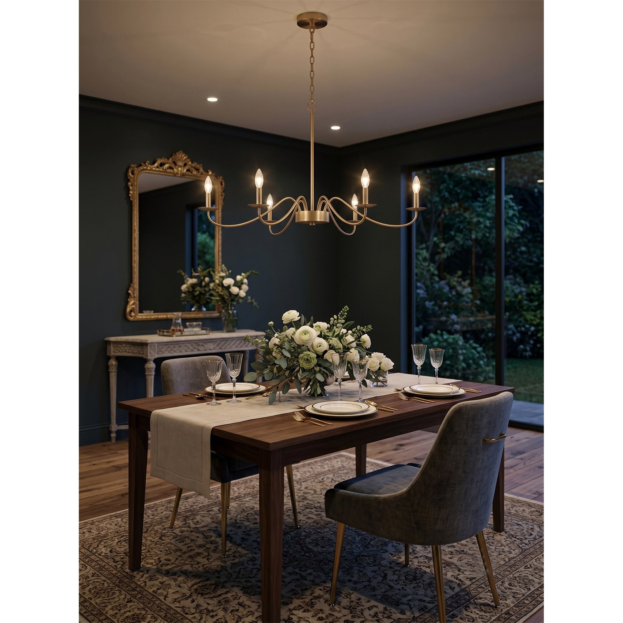 Angled view of the 6-light Candler Chandelier.
