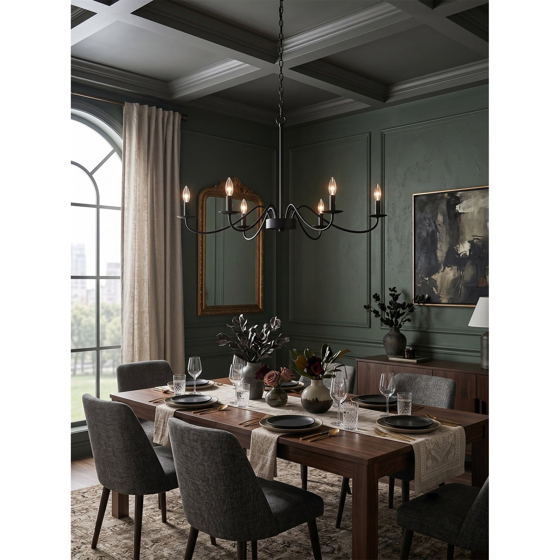The Candler Chandelier installed in a modern farmhouse living room.