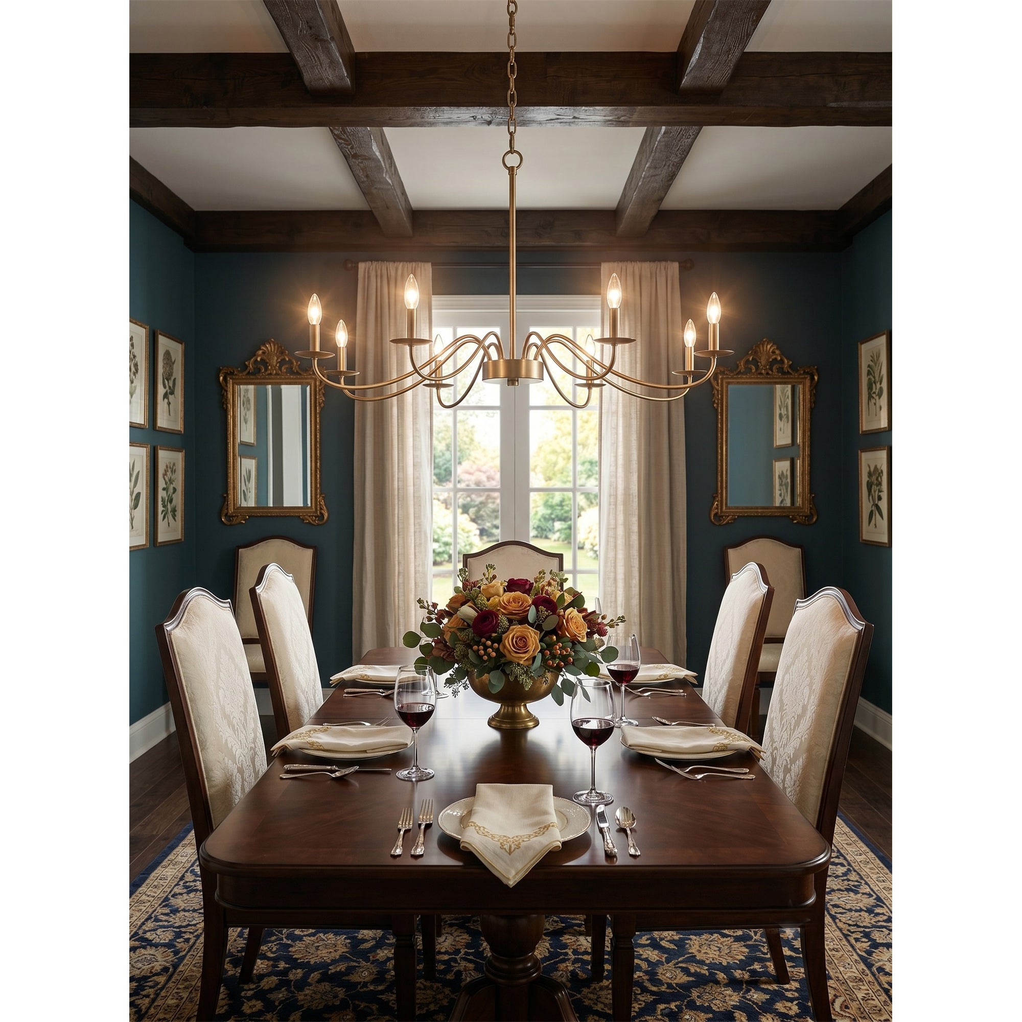 Lifestyle image showing the chandelier's warm glow.
