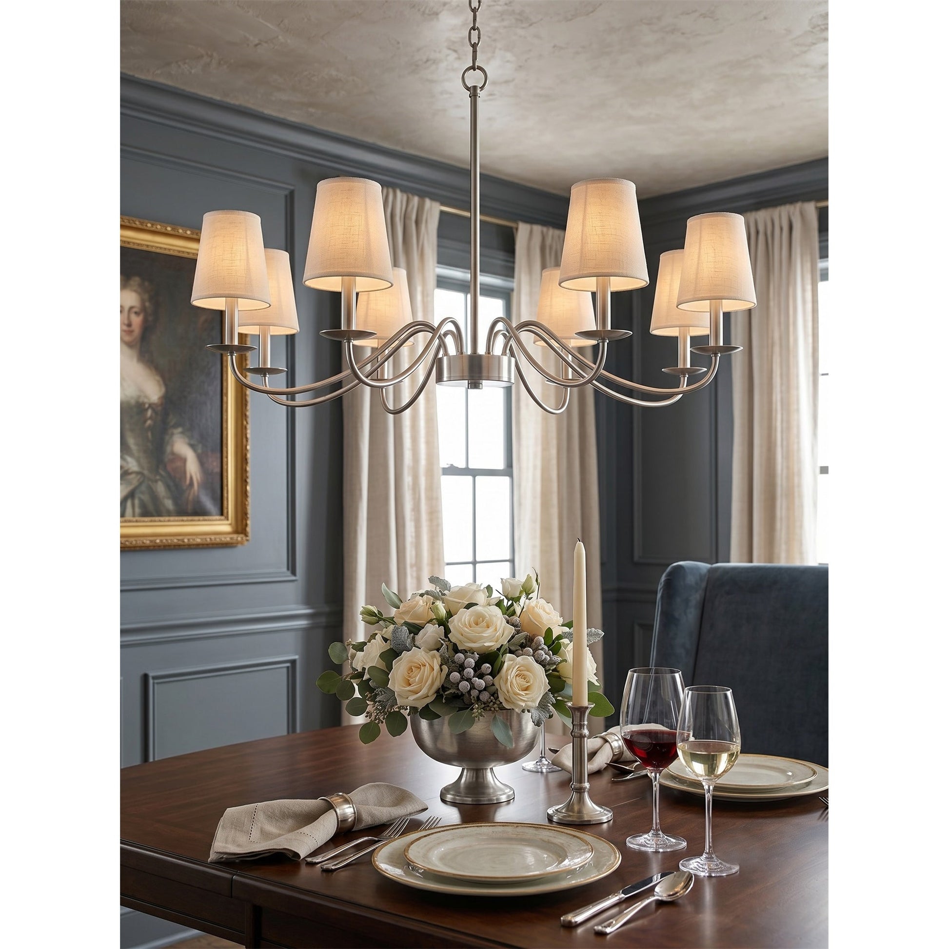 Candler Chandelier, 6-light version, in nickel.