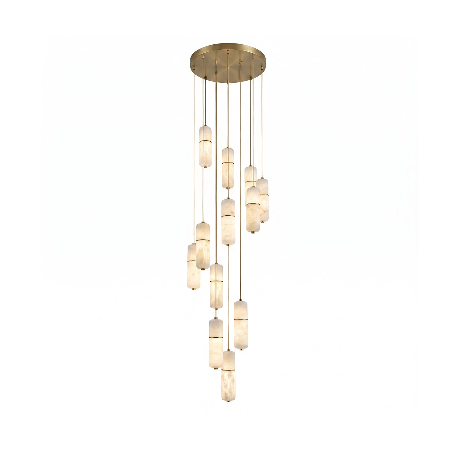 Cannula Alabaster Chandelier with multiple glowing cylinders against a dark background.