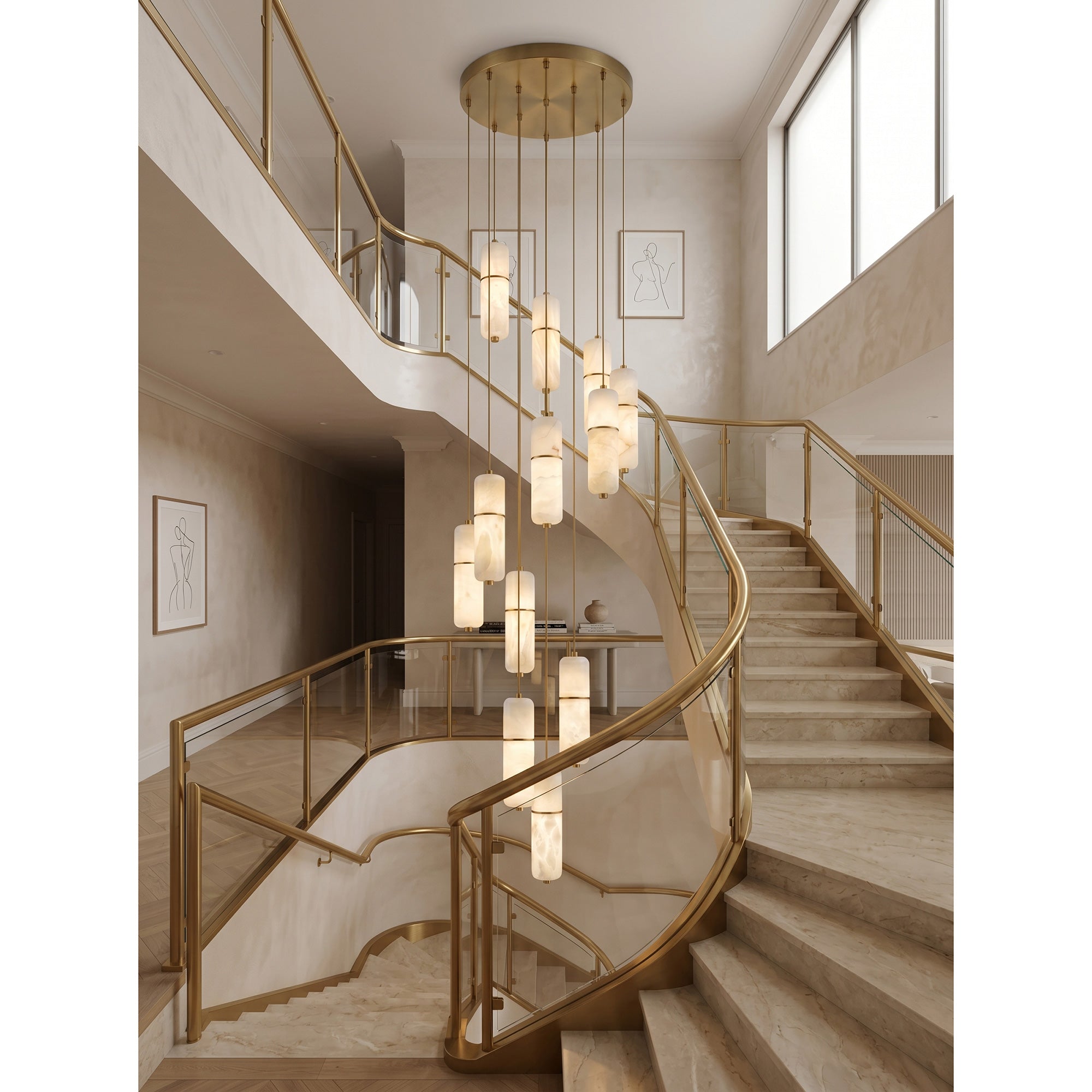 The Cannula Alabaster Chandelier shown unlit to highlight the stone and brass materials.