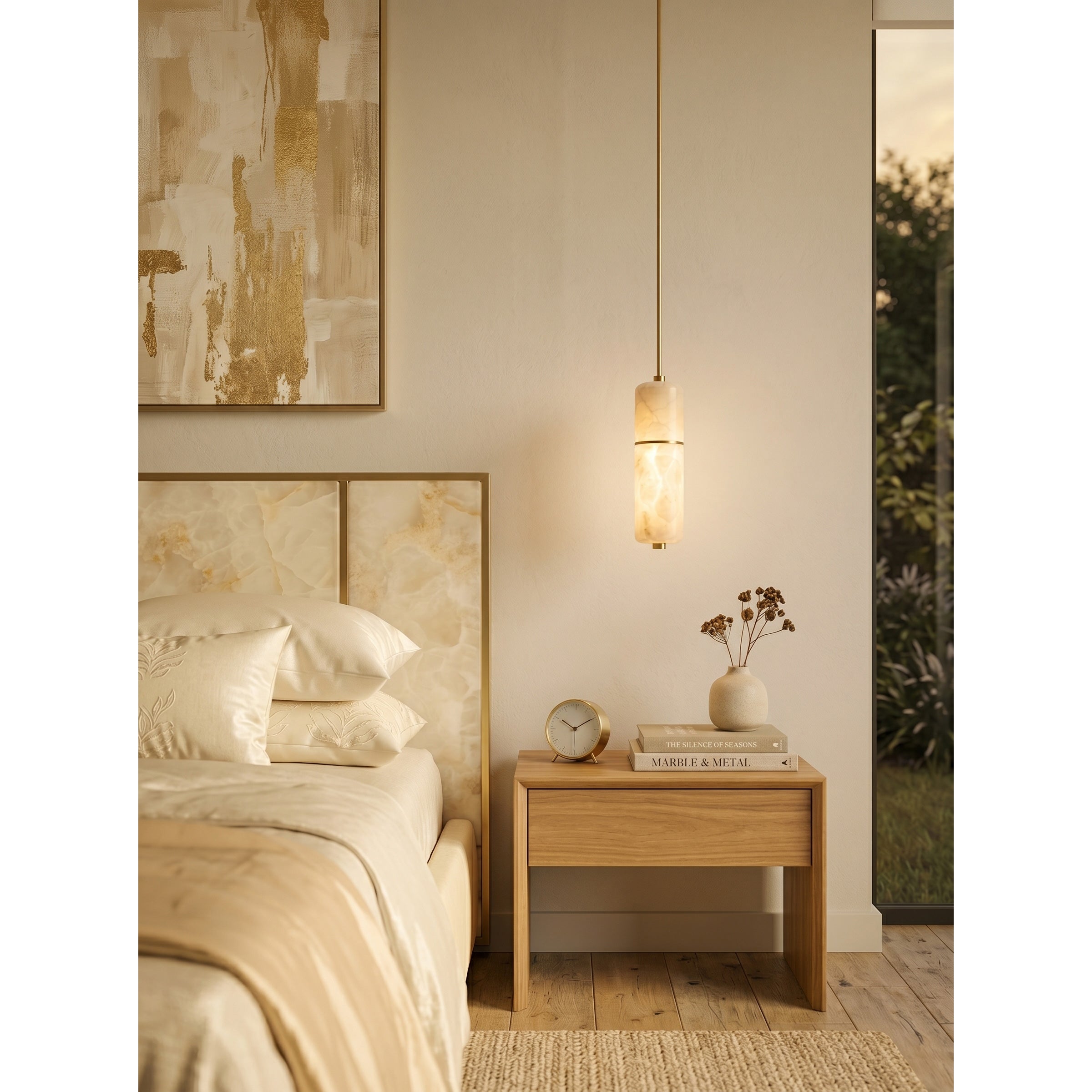 The warm glow from the integrated LED within the alabaster shades.