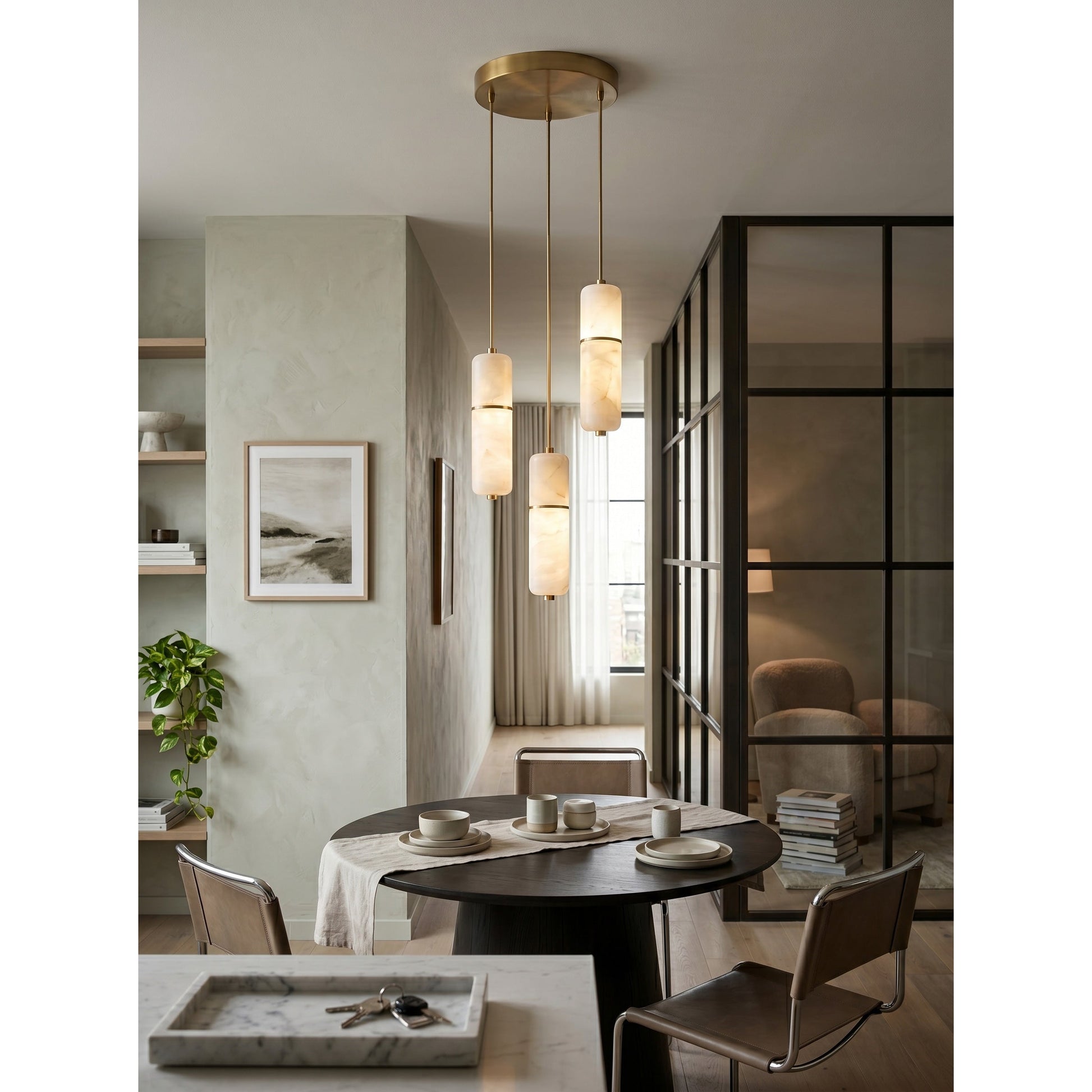 A single-pendant version of the Cannula Alabaster light.